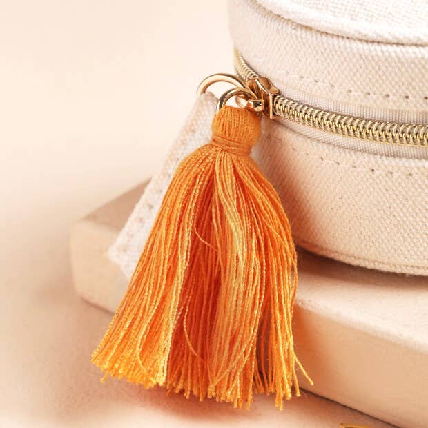 Embroidered Leaves Mini Round Linen Travel Jewelry Case