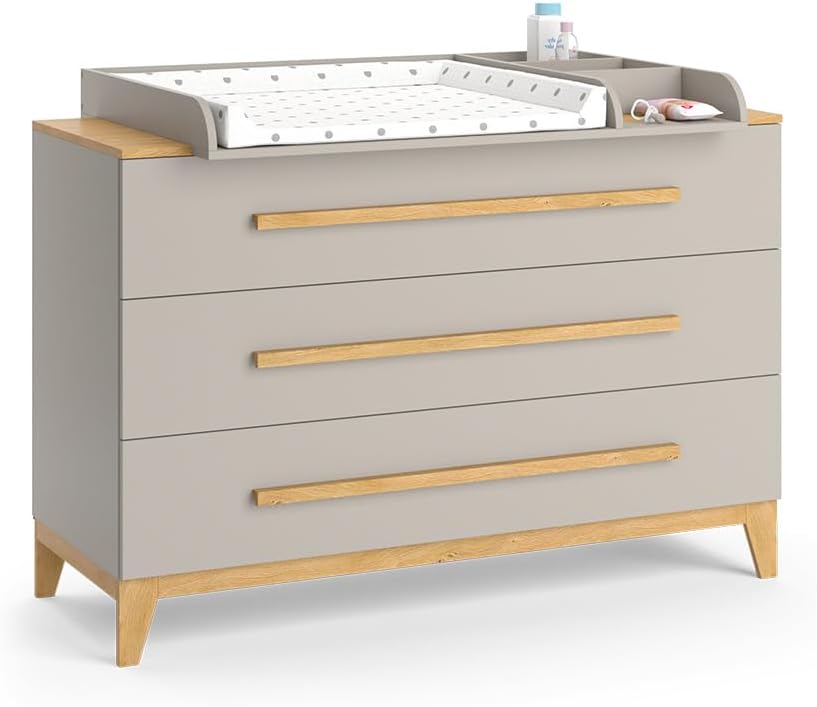 VitaliSpa Wickelkommode Malia, Weiß/Eiche, 133 x 98 cm XL mit 3 Schubladen