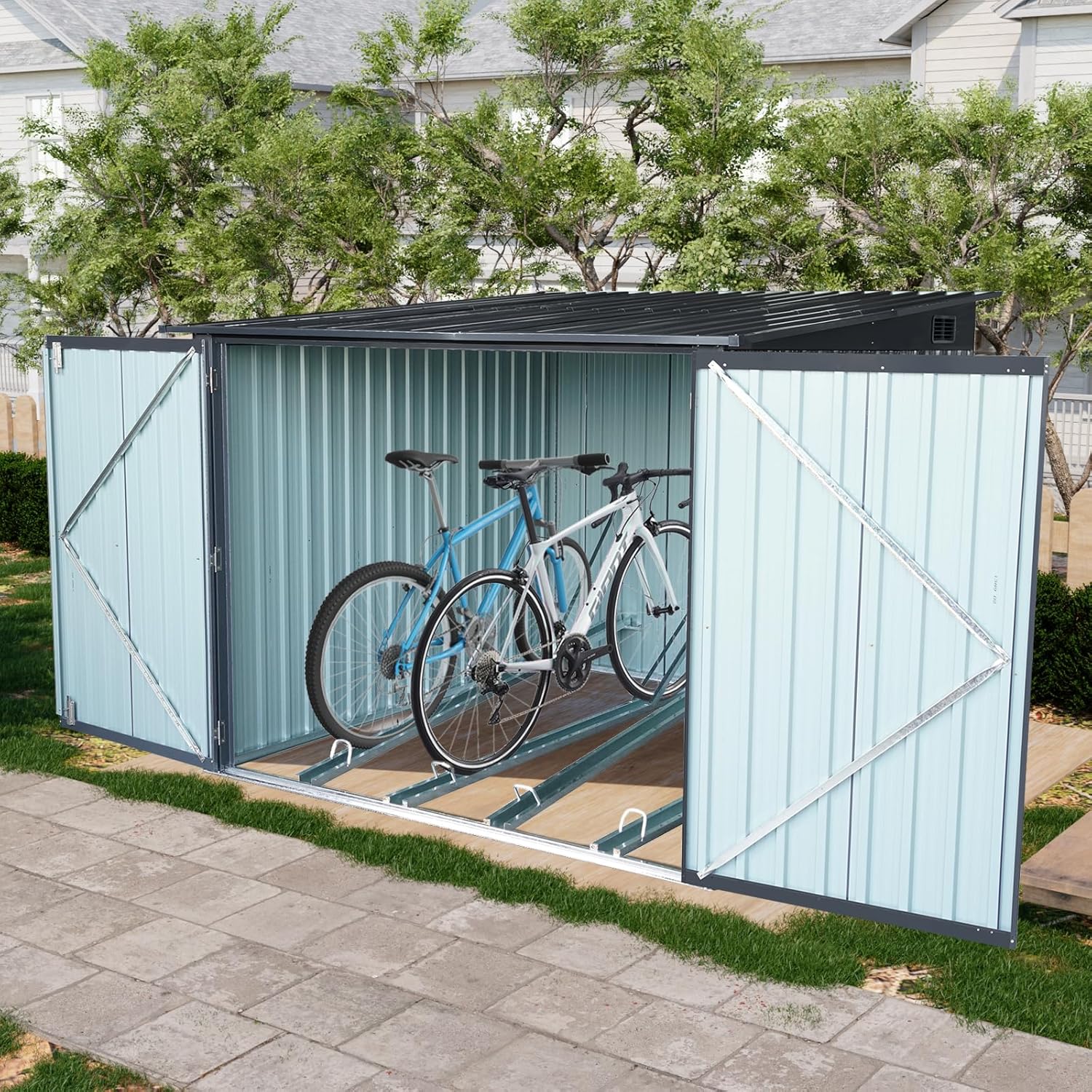 5-foot outdoor steel bicycle storage shed with a sloping roof and 4 bicycle tracks. Bicycle storage shed, black version.