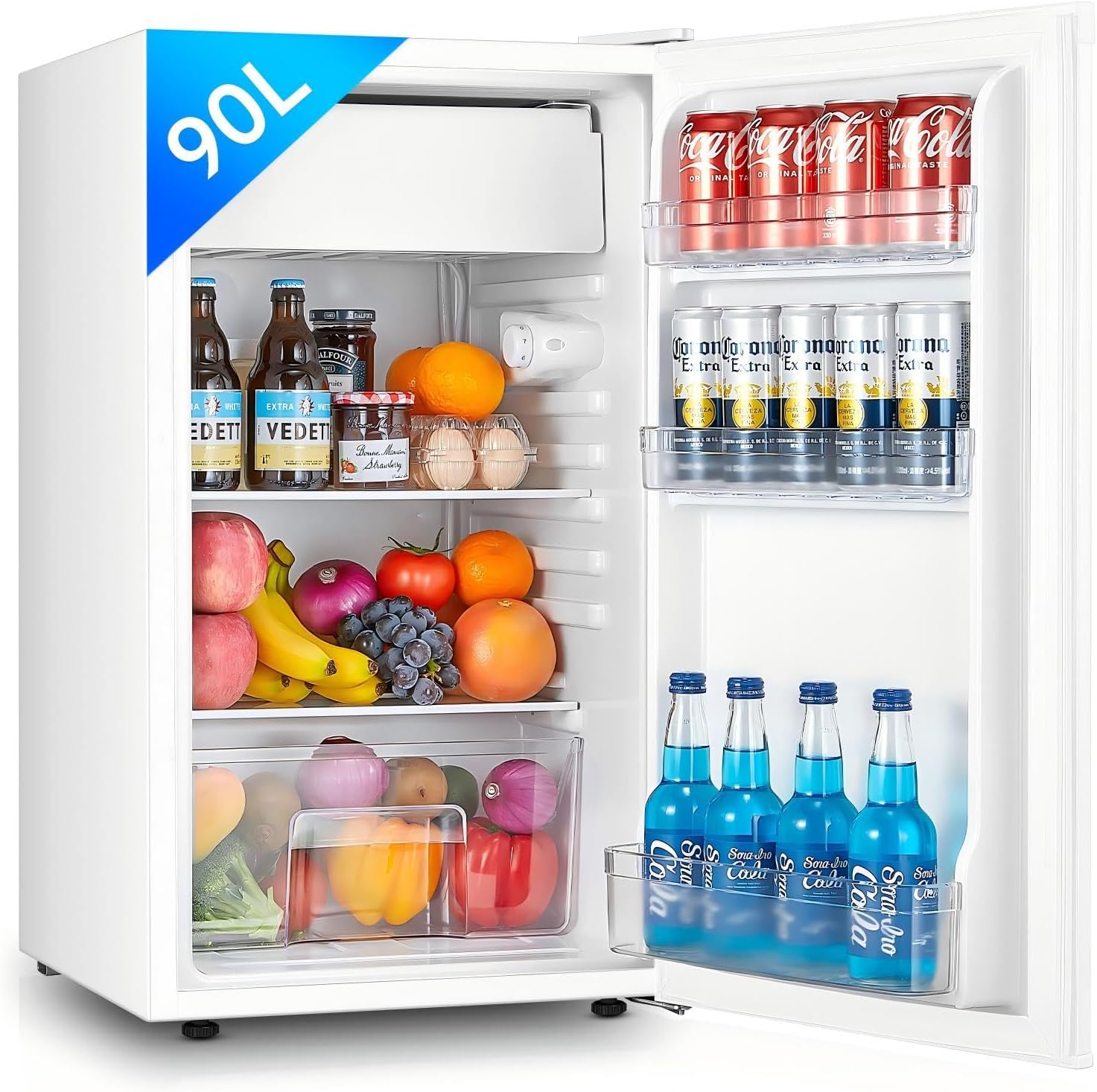 FOHERE Frigorífico con Congelador 90L, Nevera Pequeña Compacta, 7 Temperatura Regulable, 84kWh/año, Eficiencia Energética E, Silencioso, Ideal para Dormitorio, Oficina, Cocina, Caravana y Camping