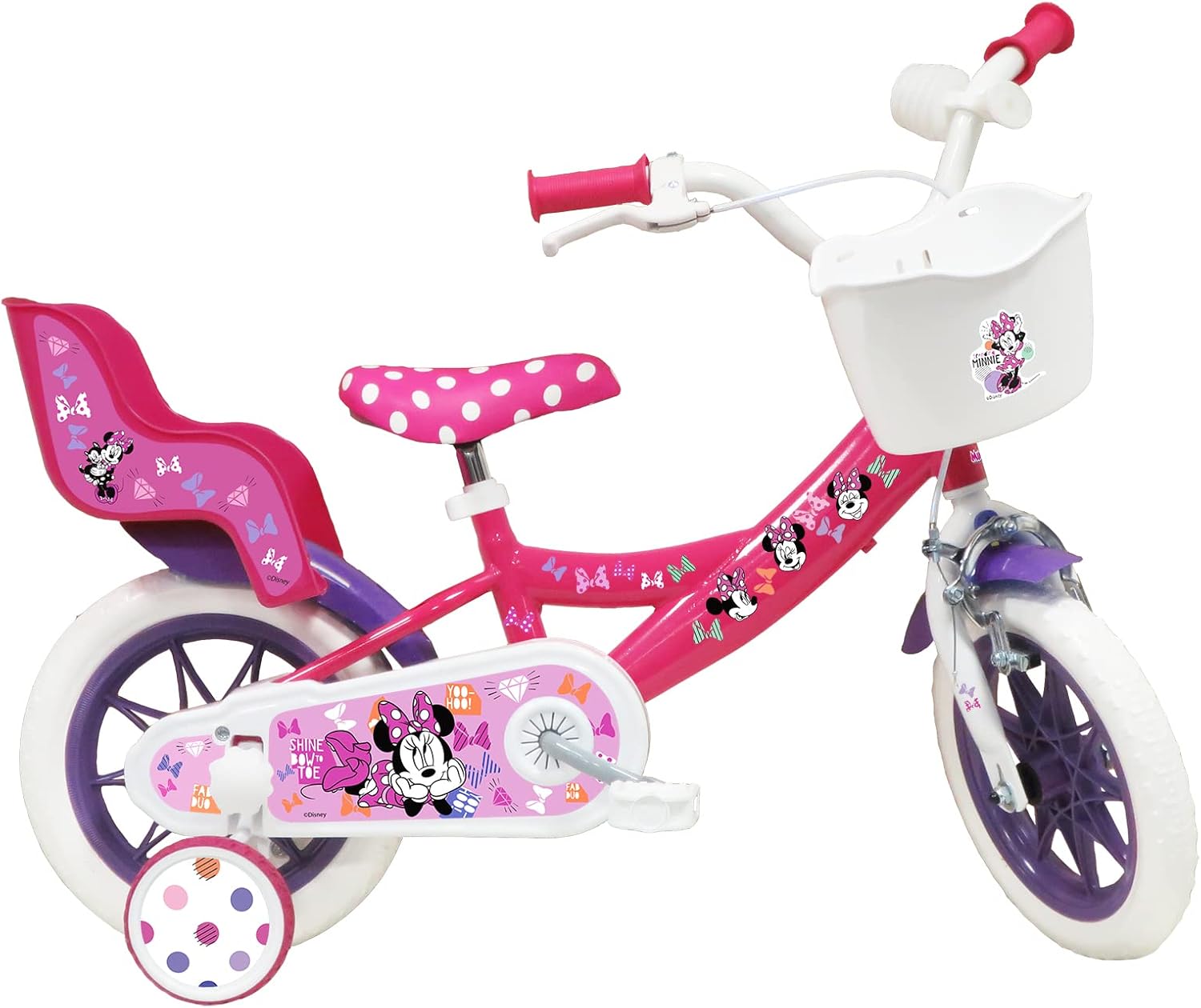 Bicicletta da Bambino 12' Dotata di 1 Freno, Cestino Anteriore, Porta Bambola Posteriore, parafanghi + Casco Incluso, 12