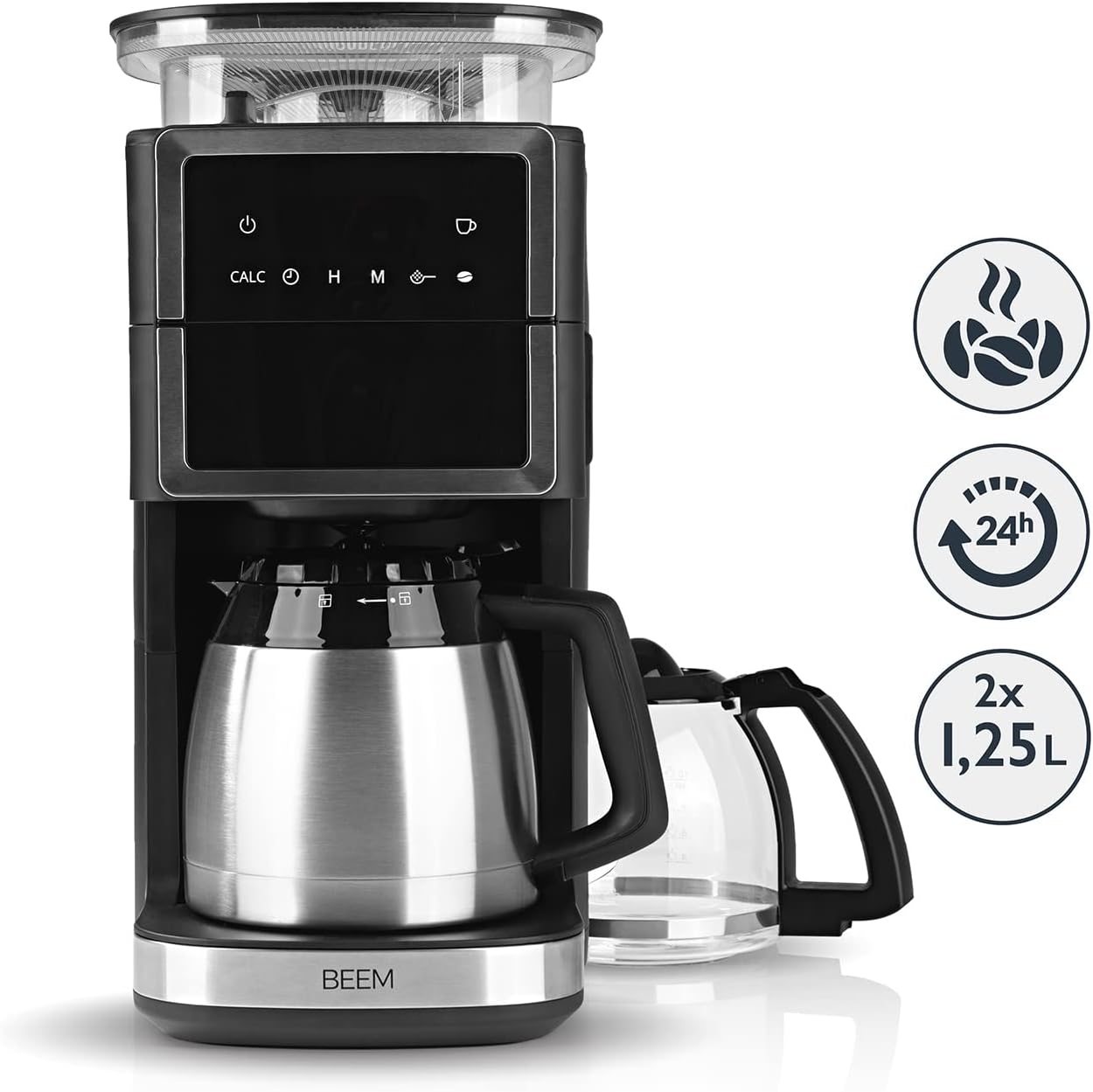 BEEM FRESH-AROMA-PERFECT III Filterkaffeemaschine mit Mahlwerk - Duo | Mit Thermos- & Glaskanne | Aroma-Plus-Funktion | 24-H-Timer | 1000 W | für bis zu je 10 Tassen [Edelstahl]