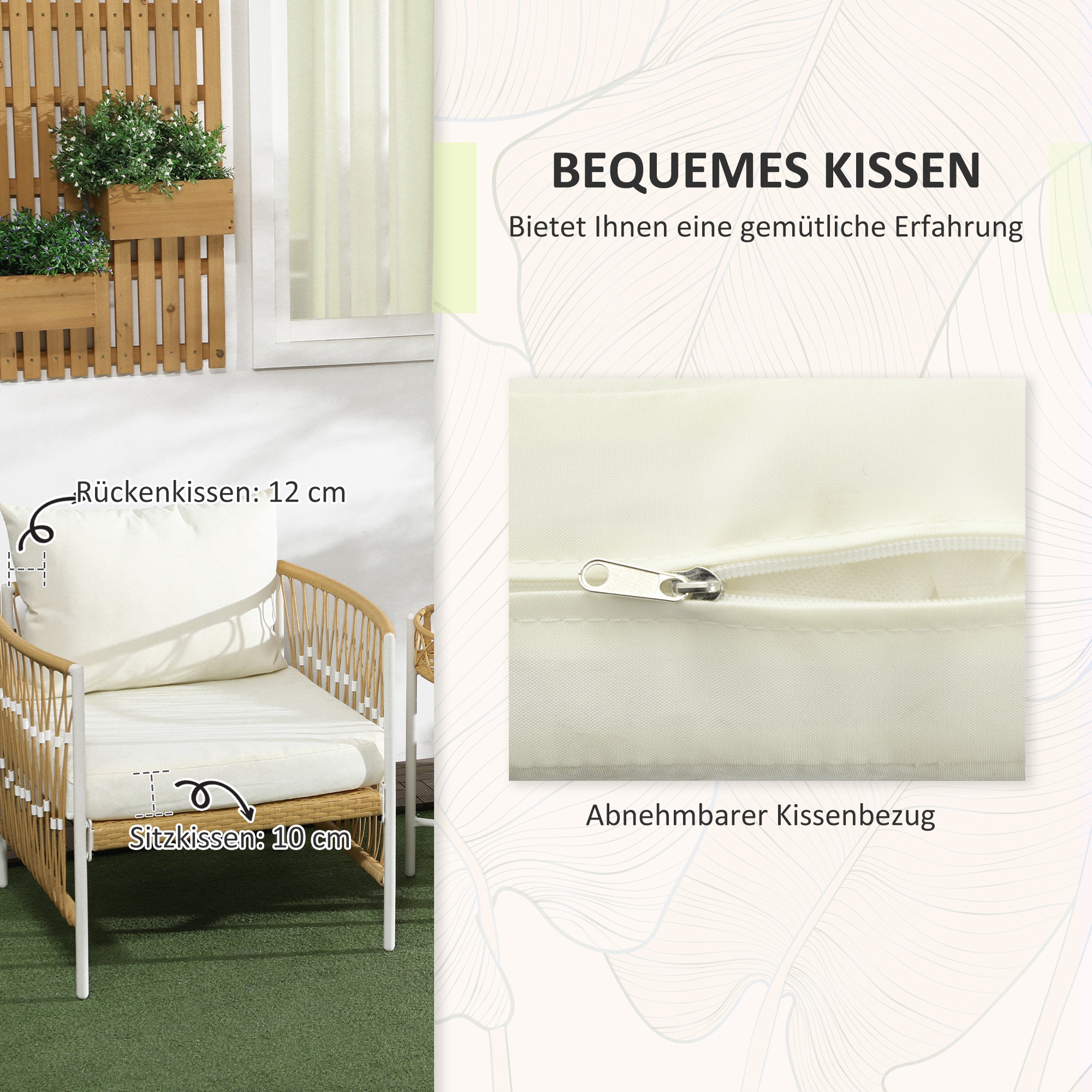 Outsunny 3-delige Bistroset Tuinmeubelset Loungeset, PE-rattan, 72 cm x 66 cm x 64 cm, Geel+Crème