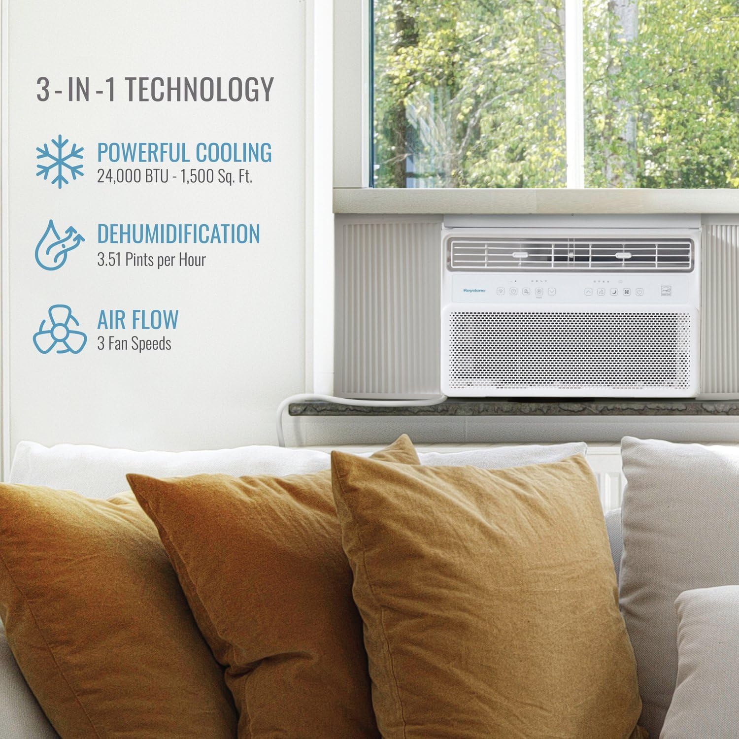 Keystone - Inverter-Klimaanlage 24000 BTU 230 V, Fenstermontiert, leiser Betrieb und hohe Effizienz, Fernbedienung, Wechselstrom-Fenstereinheit für Wohnung, Wohnzimmer