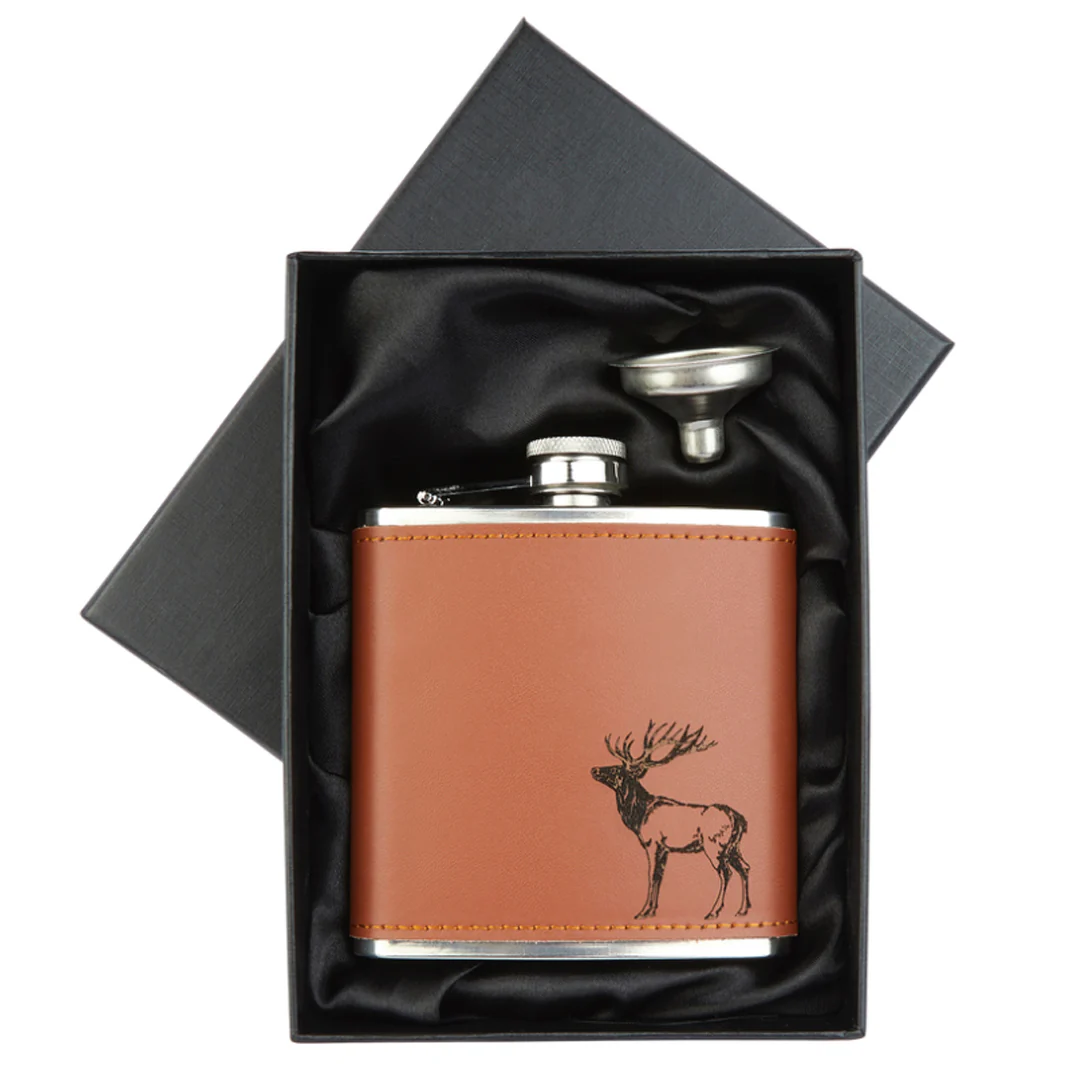 Stainless Steel Flask - Stag Tan Leather