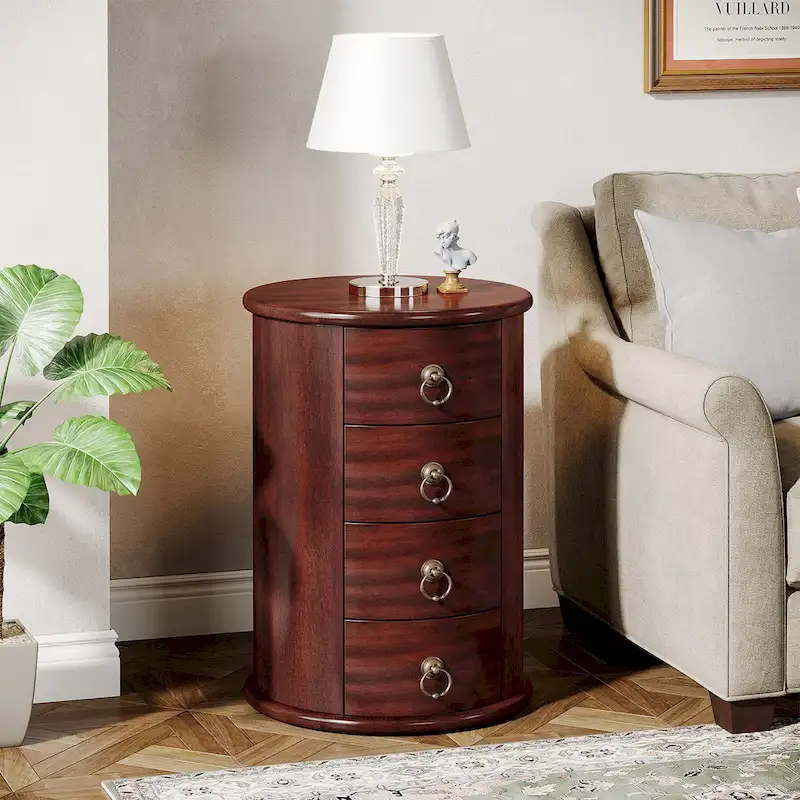 No Assembly Round Solid Wood End Table, Small Side Table with Drawers