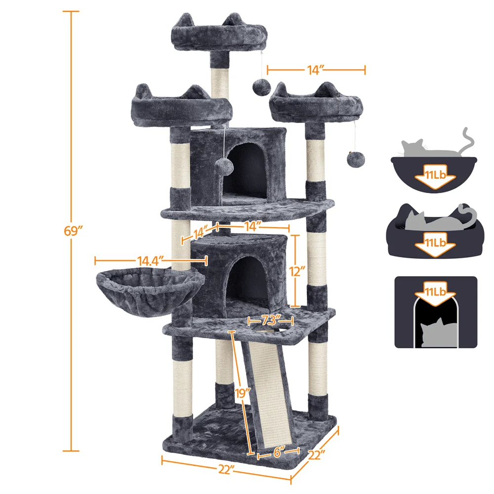 Árbol para Gato de Gran Formato Topeakmart 175 cm con 2 Cuevas y Rascadores, Gris Oscuro