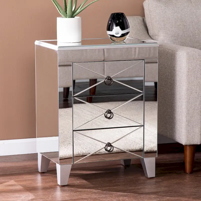 SEI Furniture Churchill Mid-Century Modern Mirrored Side Table with Storage Compartment