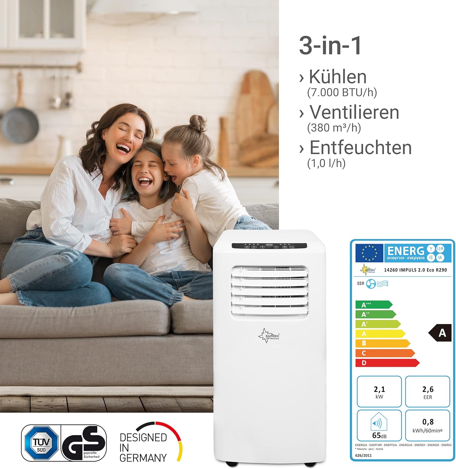 SUNTEC Mobiles Klimagerät Impuls 2.6 Eco R290 – Klimaanlage mobil und leise mit Abluftschlauch – Kühler & Entfeuchter für Räume bis 34 qm – Mobile Kühlung für Wohnung & Büro – 9.000 BTU | 2600 Watt