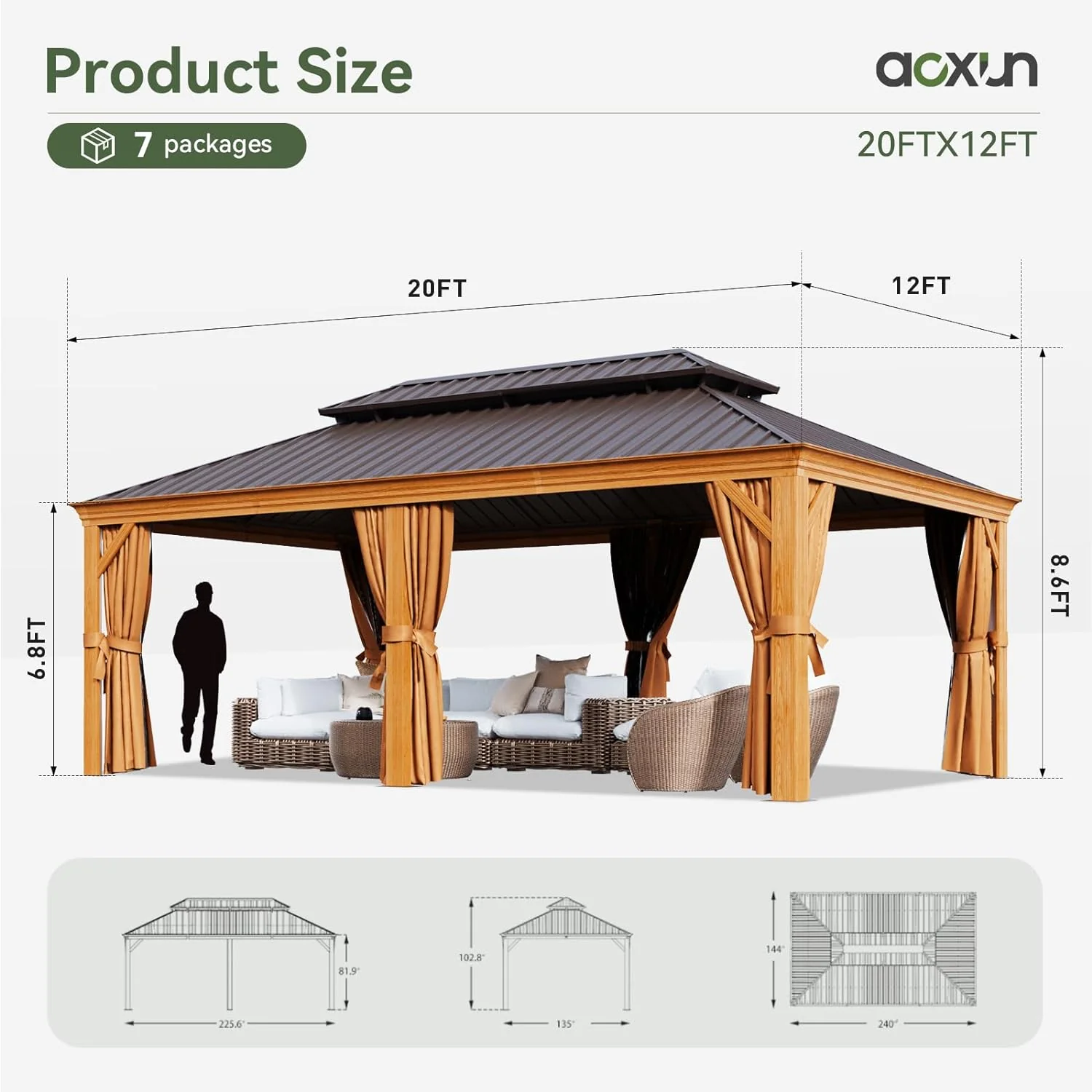 Wood Grain Hardtop Gazebo with Rain Gutter