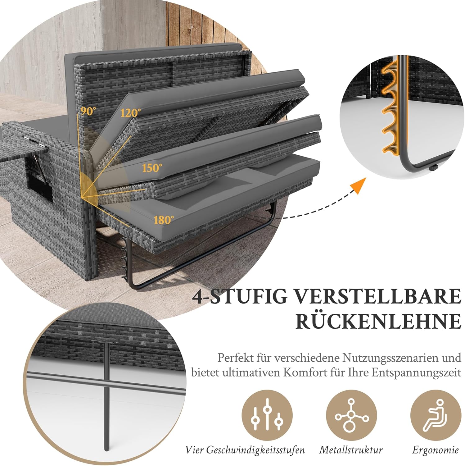 Amopatio Rattan Gartenlounge Outdoor Set, 2-Sitzer Gartensofa mit Verstellbarer Rückenlehne und Stauraum, Wetterfestes Lounge Möbel für Balkon und Terrasse, mit Hocker und Kissen, Grey