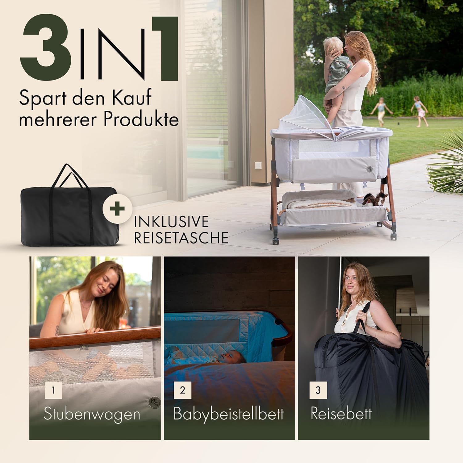 KUNU® Babybett - Beistellbett Baby mit Rollen für Boxspringbett - 3 in 1 rollbares Baby Bett Reise Babywiege - Stubenwagen mit Wiegefunktion & höhenverstellbar - Sicheres Reisebett inkl Reisetasche