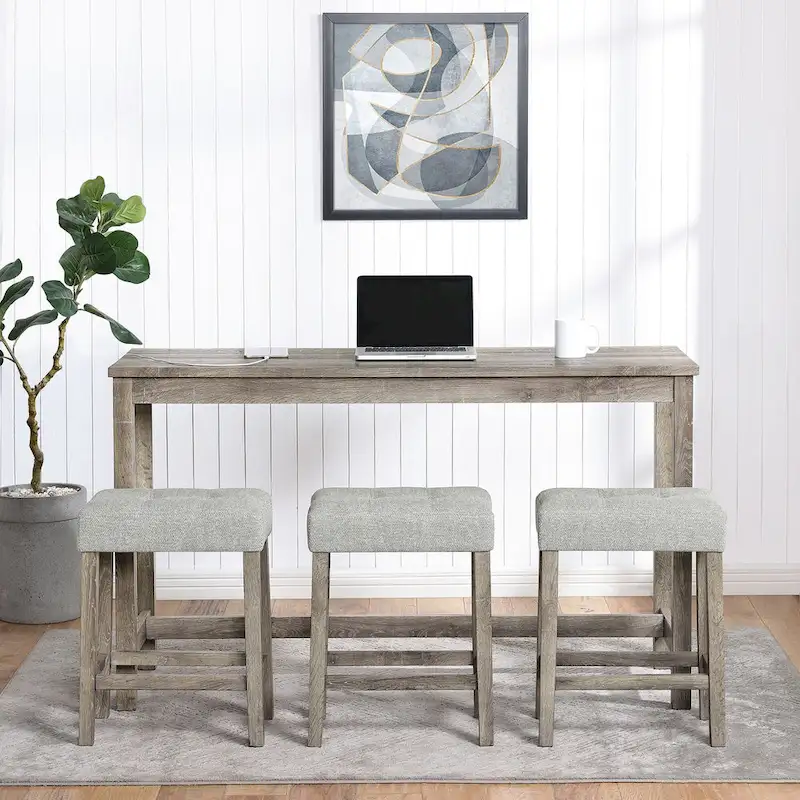 Bar Dining Table Set and 3 Bar Stools with Power Outlet Kitchen Breakfast Nook Wooden Dining Table Chairs Sets