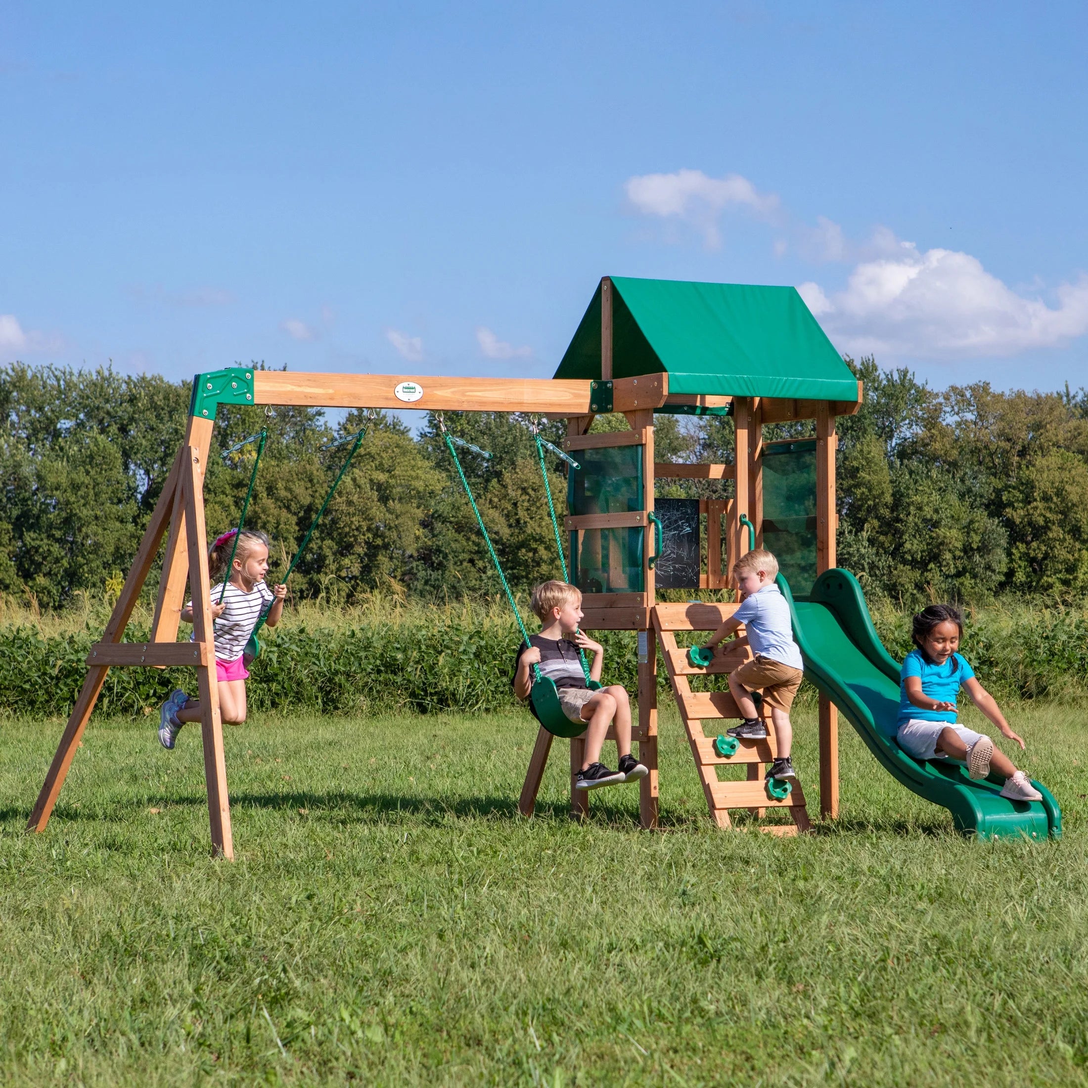 Backyard Discovery Buckley Hill Cedar Wood Swing Set with Two Belt Swings & Shaded Deck