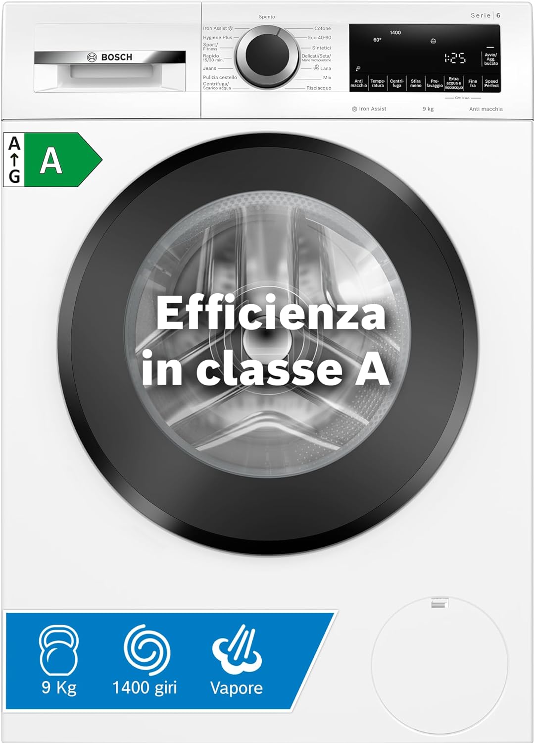 Bosch WGG244Z0IT Serie 6, Lavatrice a carica frontale, capacità 9 kg, 1400 rpm, Iron Assist: riduce le pieghe fino al 50%, sistema Anti macchia, Bianco, 60 cm