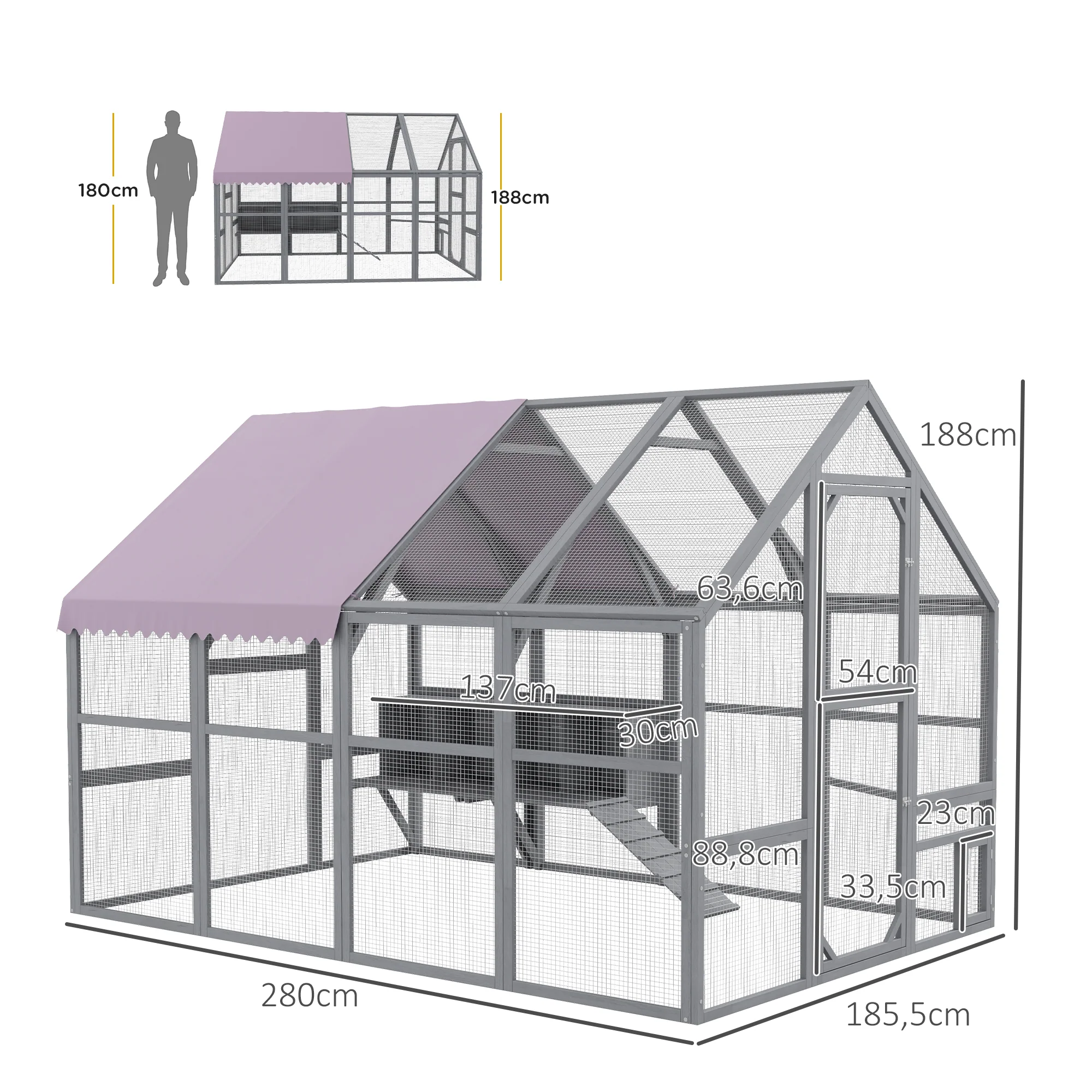 PawHut Kippenren Kippenhok Kippenhuis, toegankelijk, weerbestendig, 280 x 185,5 x 188 cm, Grijs