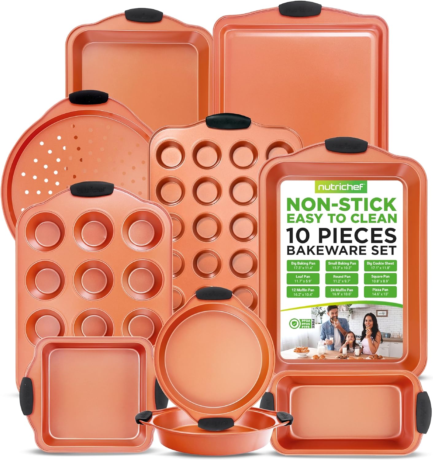 10-Piece Non-Stick Baking Pans Set Premium Nonstick Carbon Steel Oven Bakeware Includes Cookie Sheets, Muffin Cake Pans, Pizza Crisper, Roasting Pans, w/Silicone Handles Copper