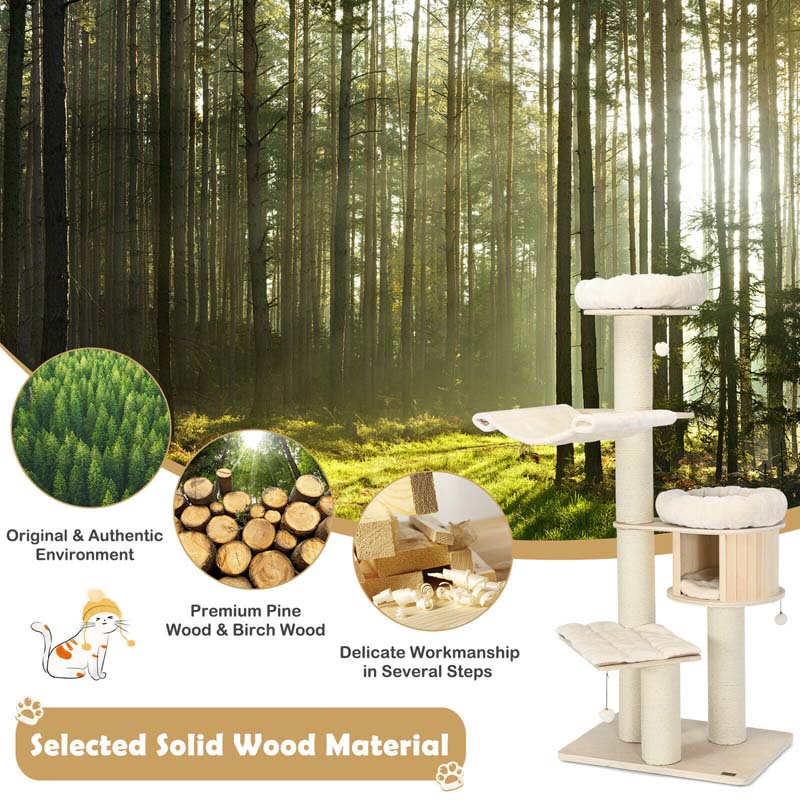 Eletriclife 68.5-Inch 4-Layer Wooden Cat Tree Condo Activity Tower with Sisal Posts