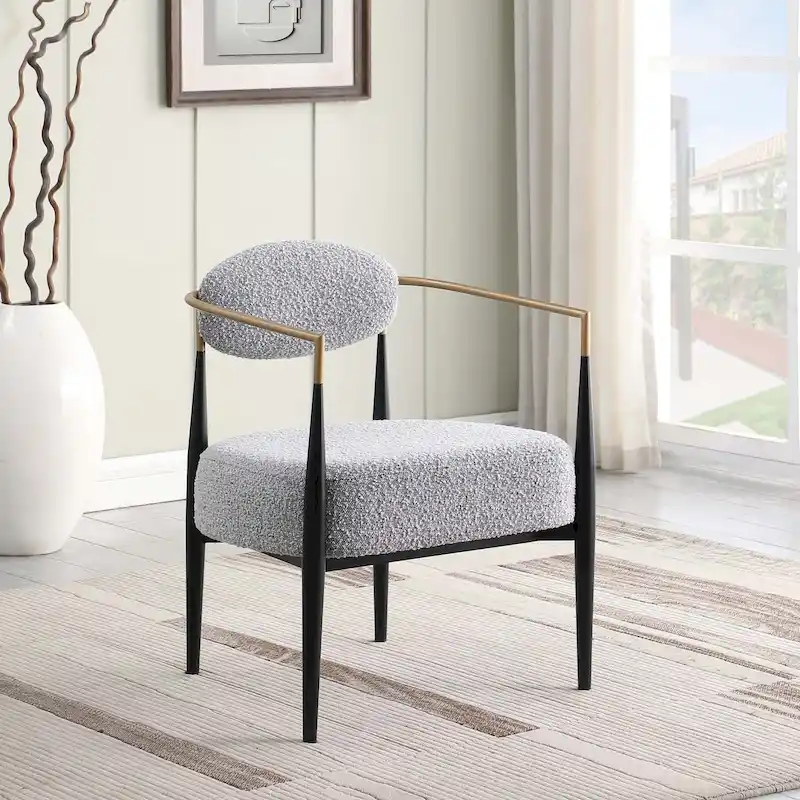 Plush Boucle Dining Chair with Thick Cushion and Elegant Metal Frame for Living Room