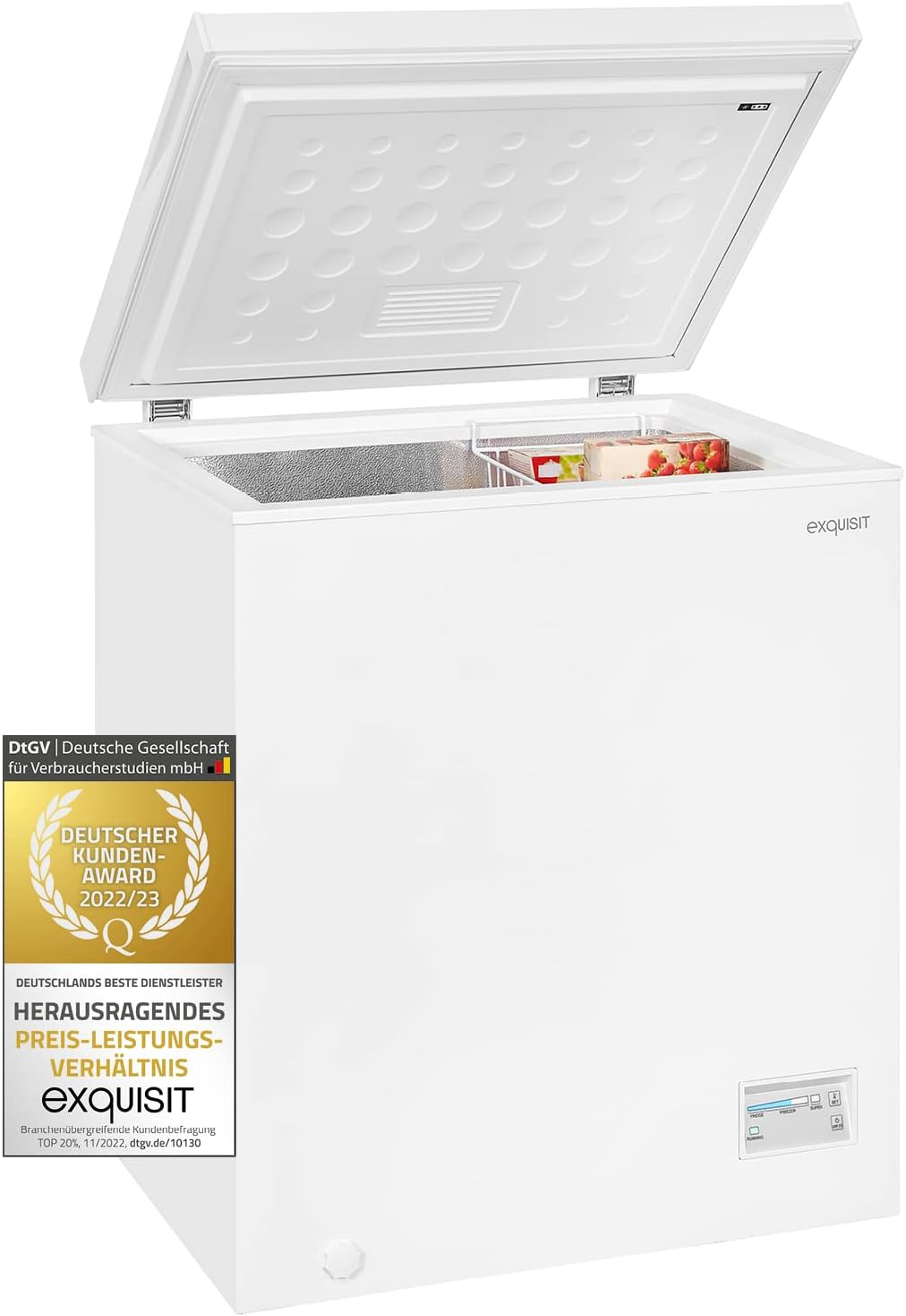 Exquisit® Congelador Horizontal, 142L, Clase F, Color Blanco, Mantiene Alimentos sin Corriente 10 Horas, Enfriamiento Rápido, 1 Cesto, Tirador Externo, Consumo 228 kWh/año, Medidas 84,5x70,5x55 Cm.