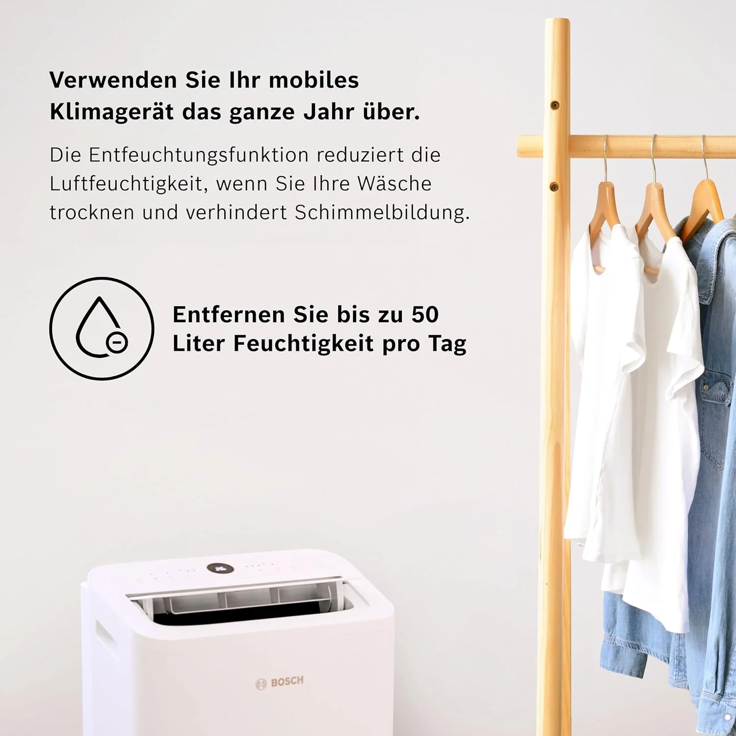 Bosch Cool 4000 Mobiles Klimagerät - 3-in-1: Klimagerät, Luftentfeuchter, Ventilator - 2,6 kW für Räume bis zu 35m² - Mit Auto-Modus, Silent-Modus & Sleep-Modus