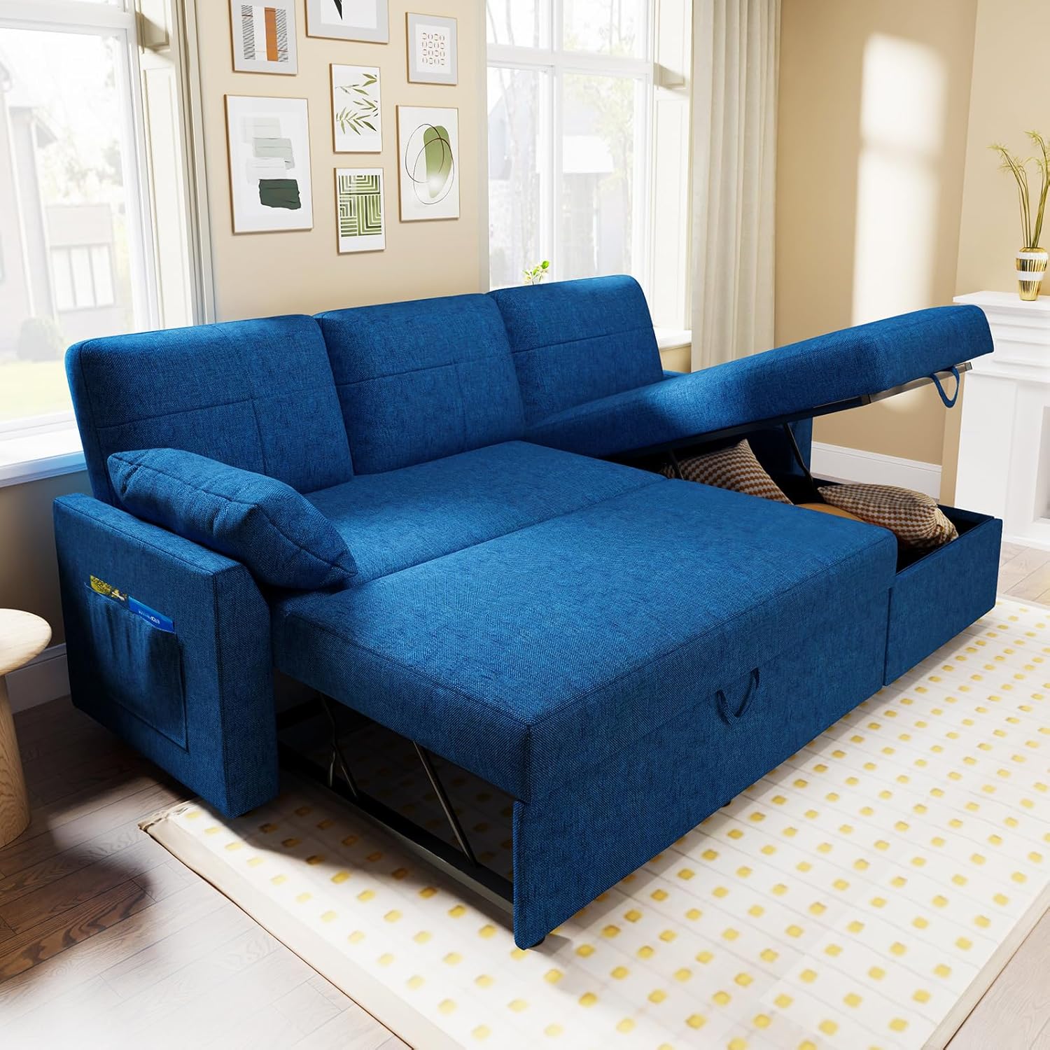 VanAcc Sofa Bed, Sleeper Sofa with Storage Chaise 2 in 1 Pull Out Couch Living Room