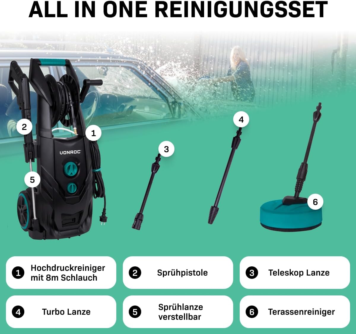 VONROC Profi Hochdruckreiniger 195bar - Fassadenreiniger für schwere Reinigungsarbeiten [2500W] - Hoher Durchfluss [468 l/h] Reinigungstank, Aluminium Pumpe - inkl. Terassenreiniger