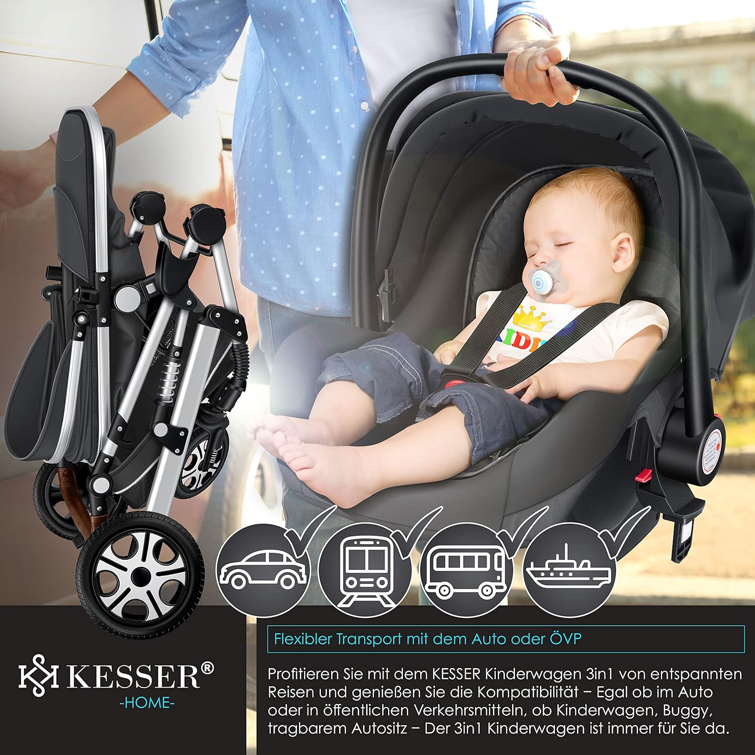 KESSER® Loops 3 in 1 Kinderwagen Kombikinderwagen Komplett-Set inkl. Babywanne & Buggy Sportsitz & Auto-Babyschale Voll-Gummireifen Wickeltasche Regenschutz Kindertisch ECE R129, Grau/Silber