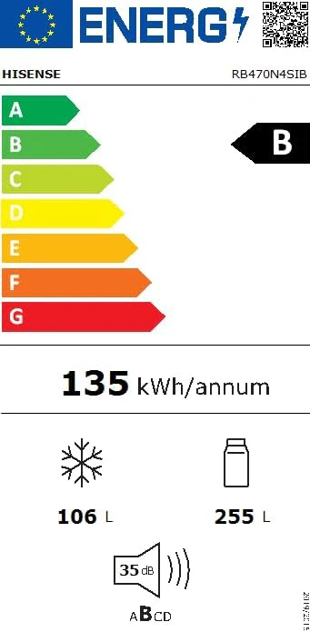 Hisense RB327N4ADD Koelvriescombinatie, EEK D, Total NoFrost, Verwisselbare Deurscharnieren, Flessenrek, 171 Liter Koelgedeelte, 85 Liter Vriesgedeelte, Roestvrijstalen look