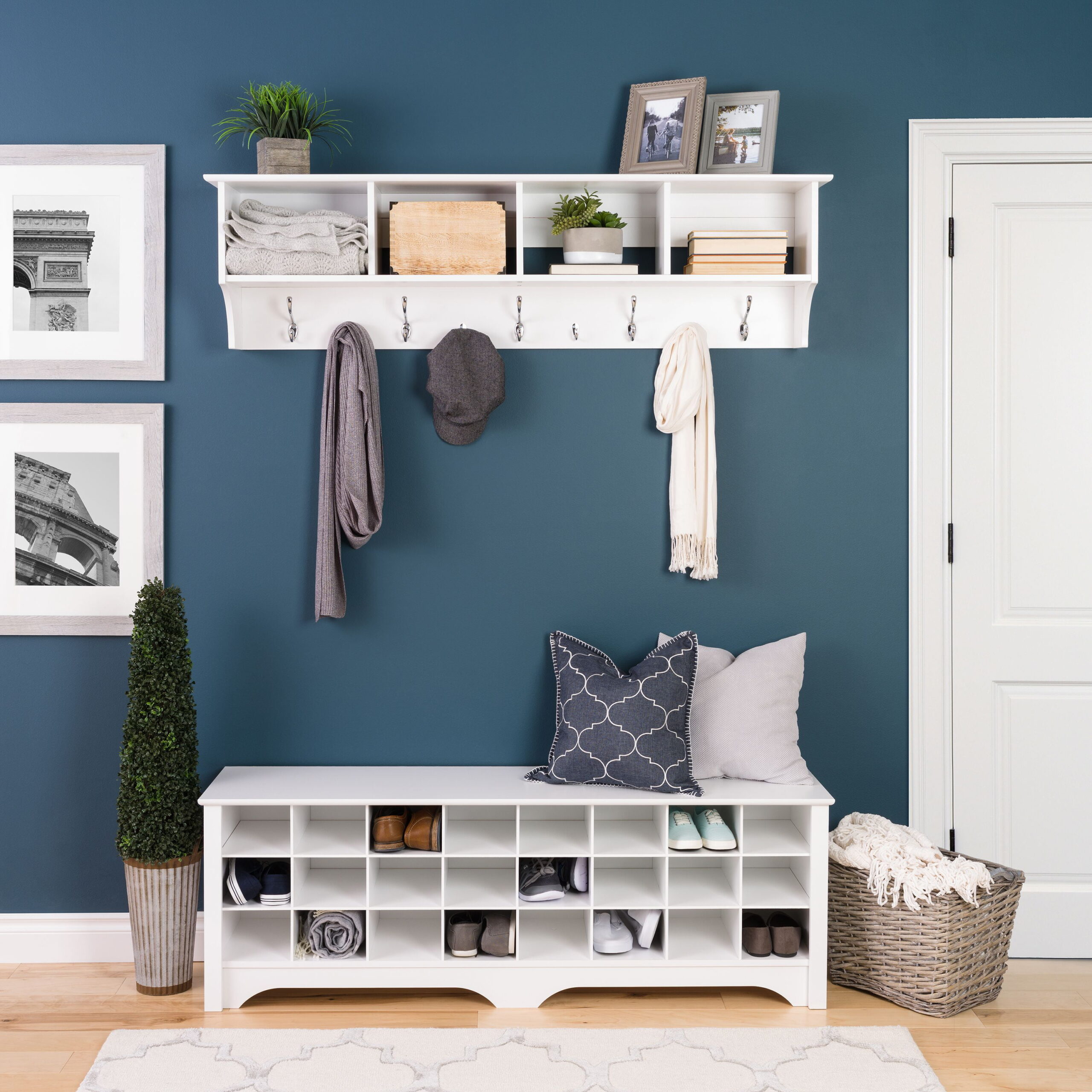 24 Shoe Cubby Wide Hall Bench, White