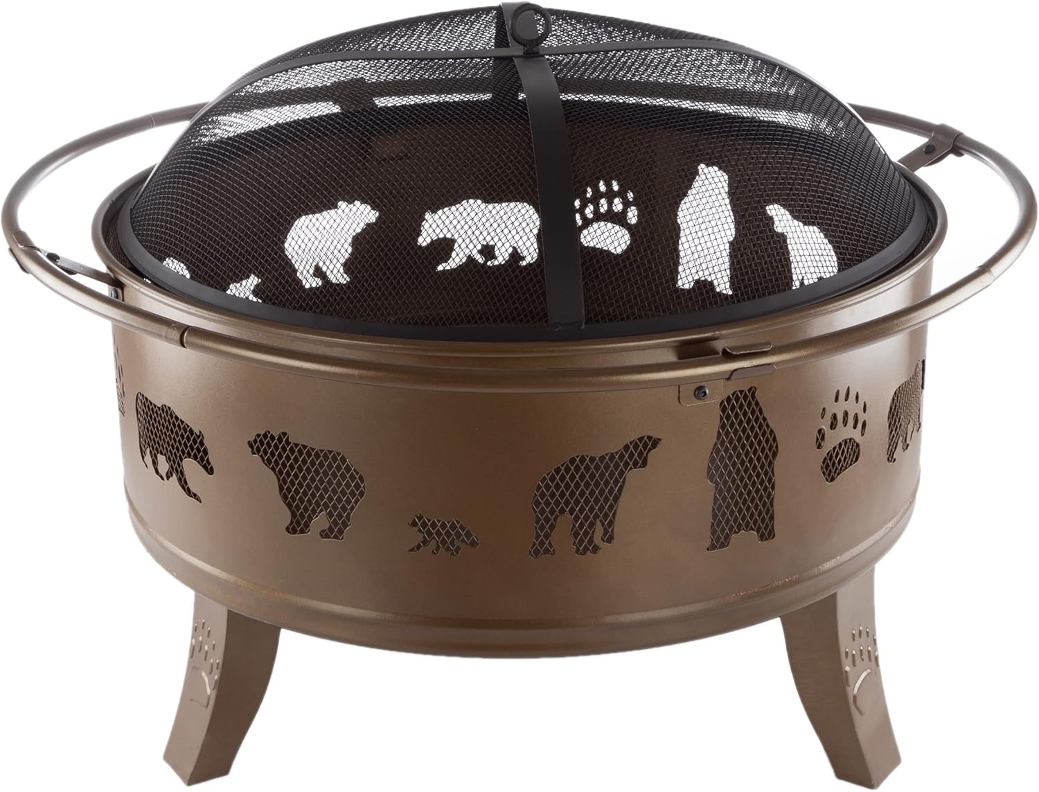 Pure Garden 50-LG1202 32�� Outdoor Deep Fire Pit-Round Large Steel Bowl with Bear Cutouts, Mesh Spark Screen, Log Poker & Storage Cover-Patio Wood Burning, Antique Gold