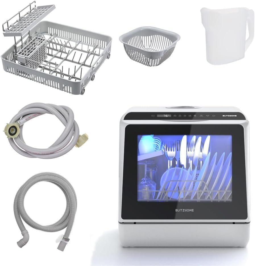 Mini Spülmaschine, BLITZHOME Mini Geschirrspüler App Steuerung, 6 Programme Tragbarer Smart Tischgeschirrspüler mit 5L Wassertank, mit/ohne Wasseranschluss Benutzbar, Trockenfunktion, für Camping