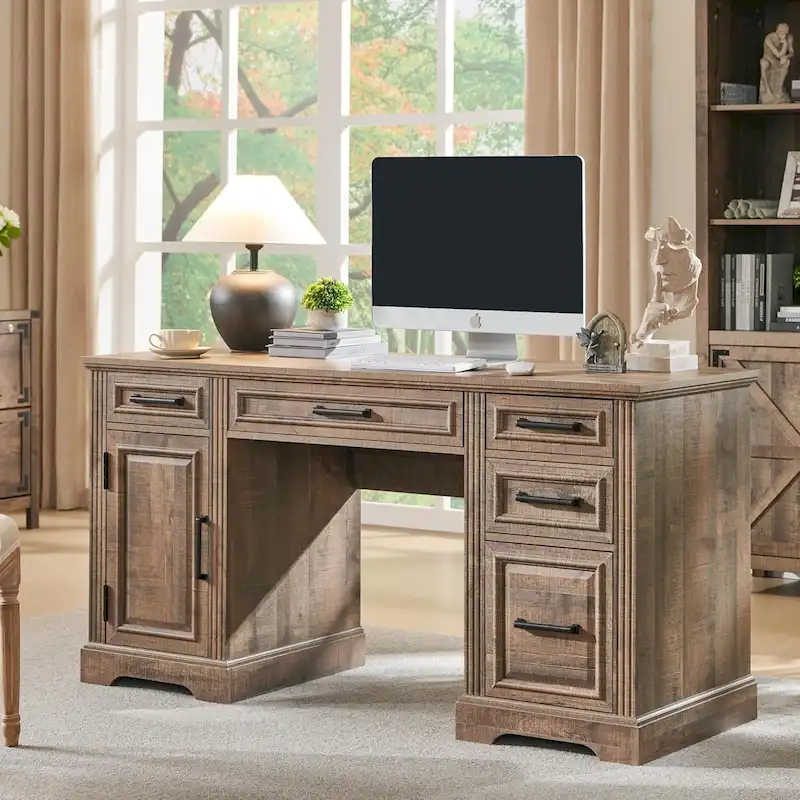 58-Inch Large Office Desk with Drawers and Embossed Texture