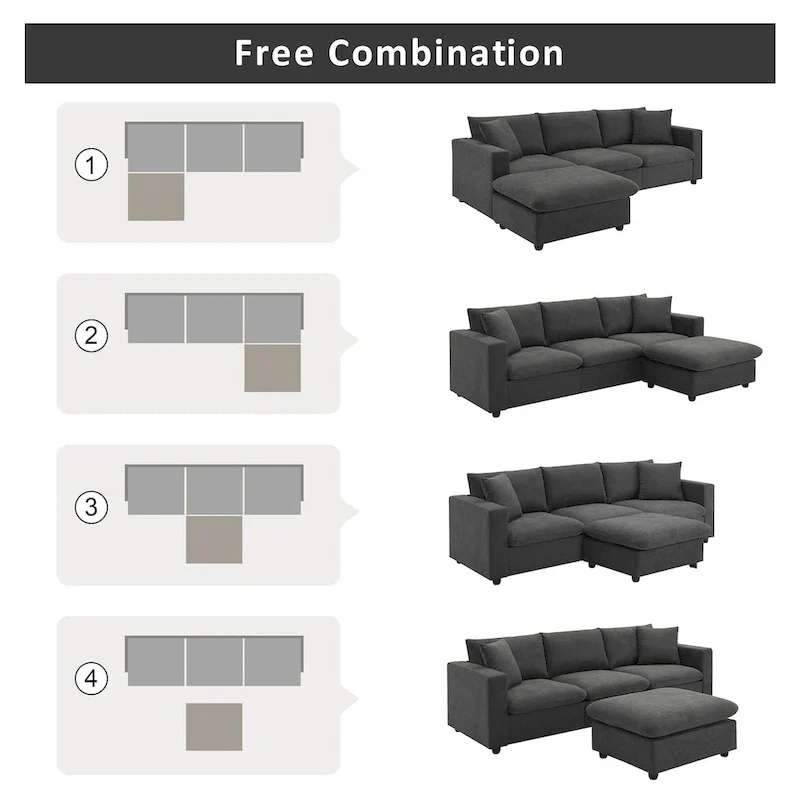 Contemporary L-Shaped Sectional Sofa Set with 2 Complimentary Pillows, 4-Seater Polyester Couch and Convertible Ottoman