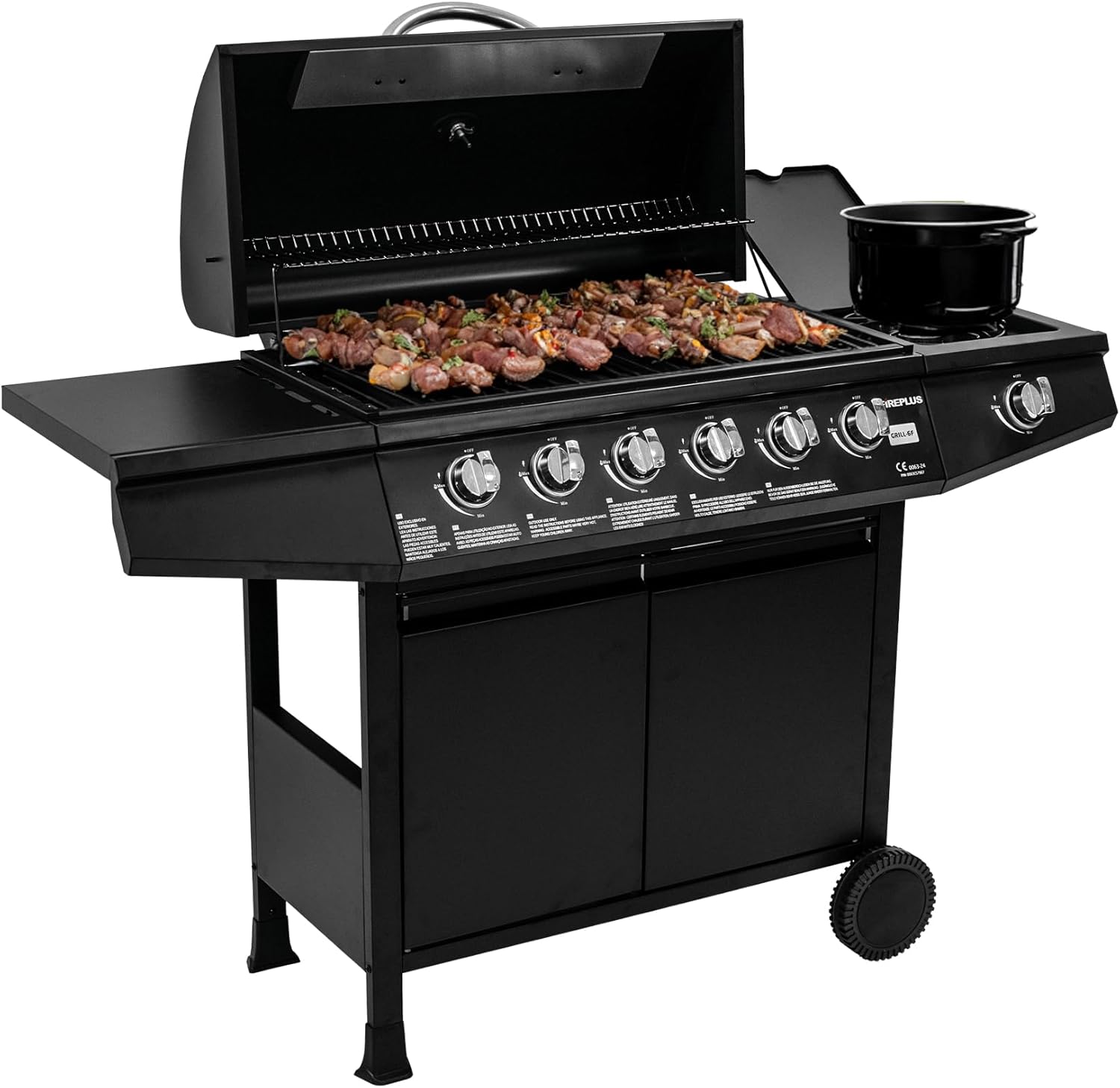 2026 Barbacoa de gas Fireplus 6+1 de 12,9 kW - Acero inoxidable Negro - Parrilla con ruedas Modelo GRILL-6F - Barbacoa XXL con carro y termómetro - 138x52x103 cm - 7 quemadores y Bandeja lateral