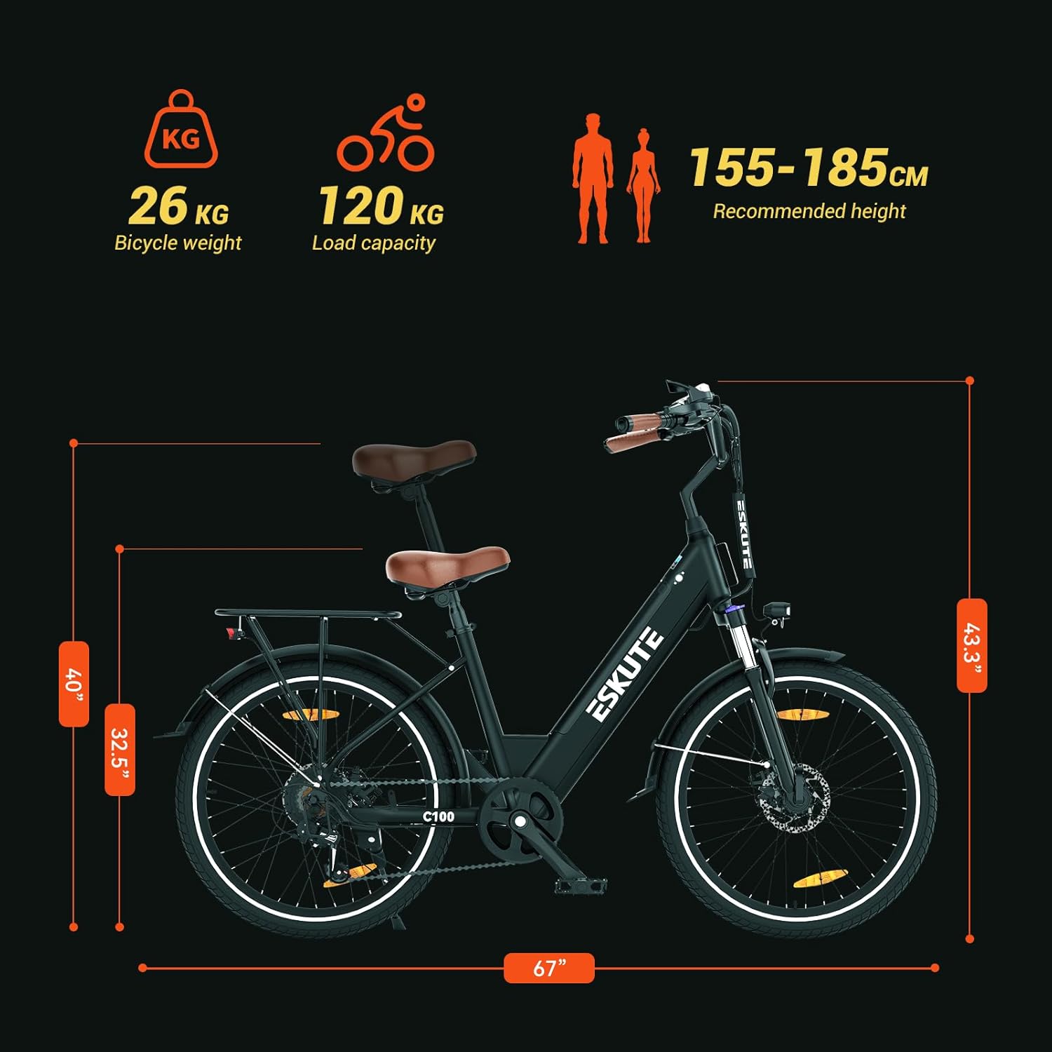 ESKUTE Electric Bike 500W Peak 375WH Removable Battery Commuter Ebike, 26 inch 20MPH 7 Speed Electric Ebikes for Adults