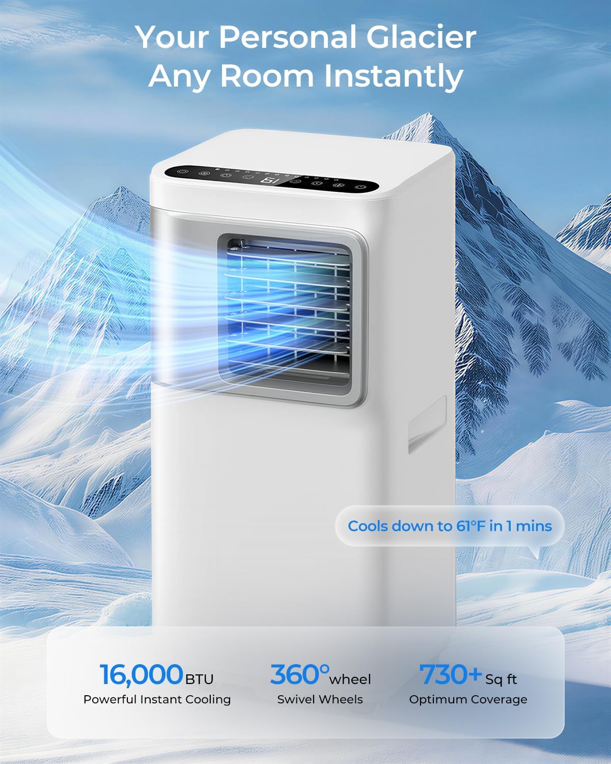 Tragbare Klimaanlage 16.000 BTU für große Räume bis zu 730 Quadratmeter, 5 in 1 Smart AC Einheit mit WiFi/Fernbedienung, schnelle Kühlung, Luftentfeuchter