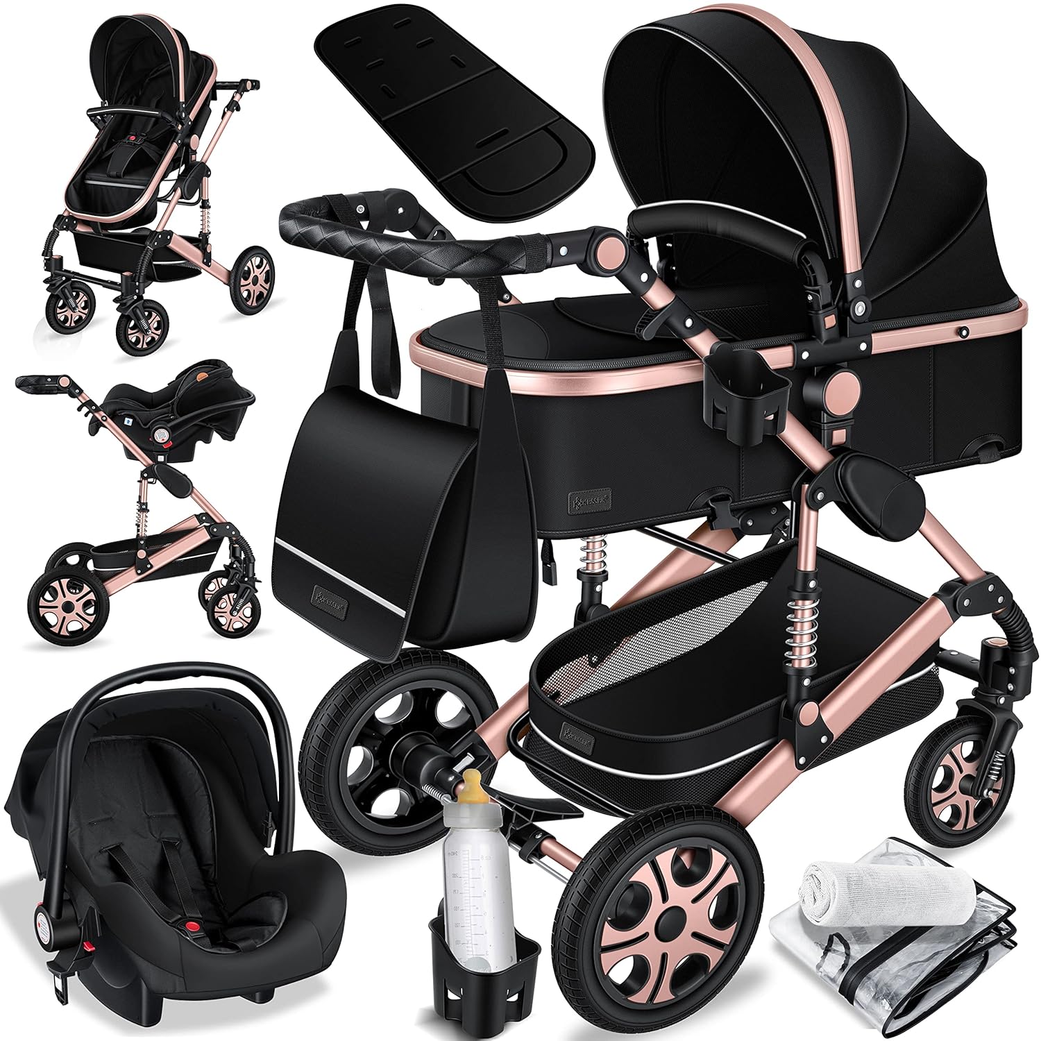 KESSER® Loops 3 in 1 Kinderwagen Kombikinderwagen Komplett-Set inkl. Babywanne & Buggy Sportsitz & Auto-Babyschale Voll-Gummireifen Wickeltasche Regenschutz Kindertisch ECE R129, Grau/Silber