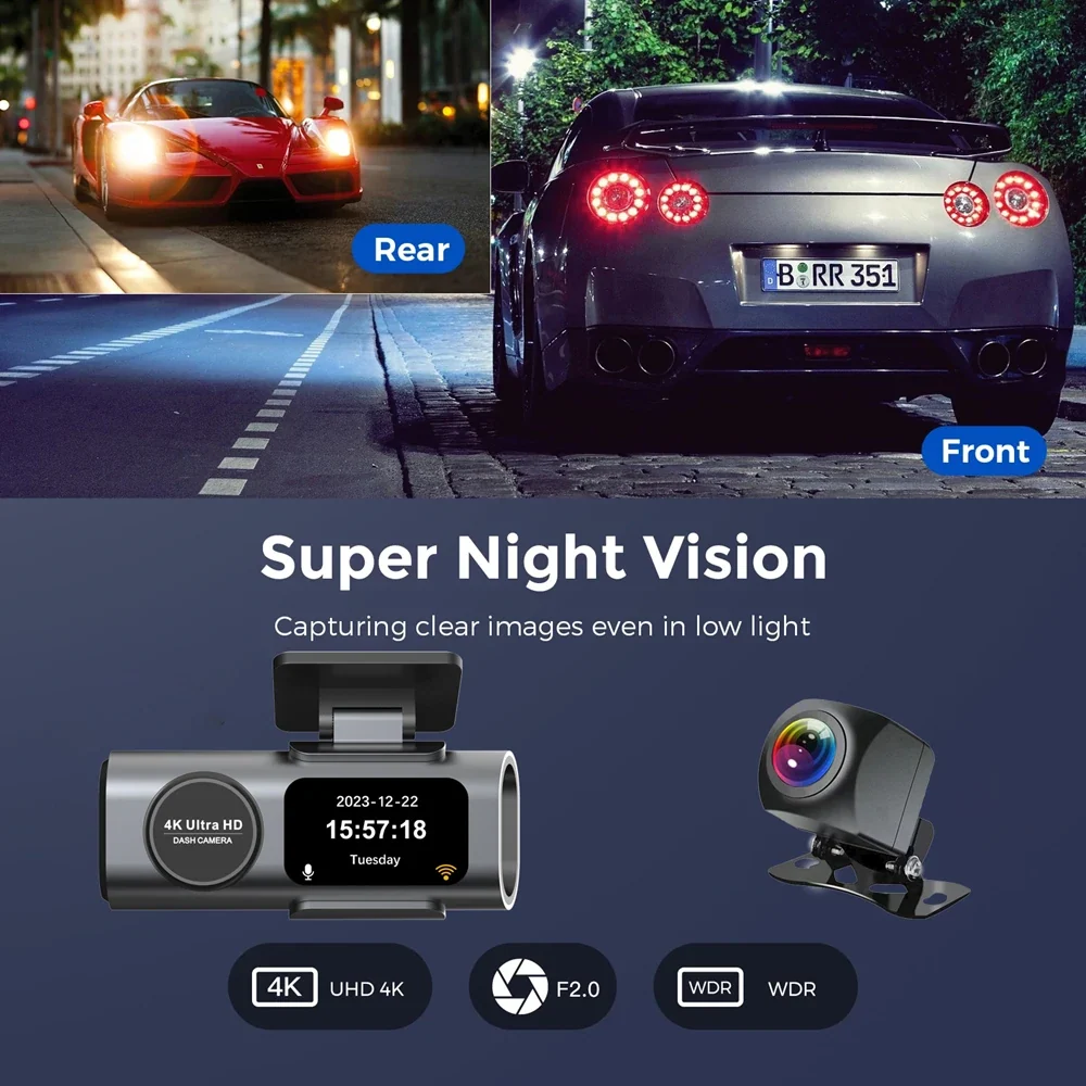 Dashcam 4K Auto Kamera vorne hinten �?GPS Dash Cam mit WLAN, Nachtsicht & Rückfahrkamera