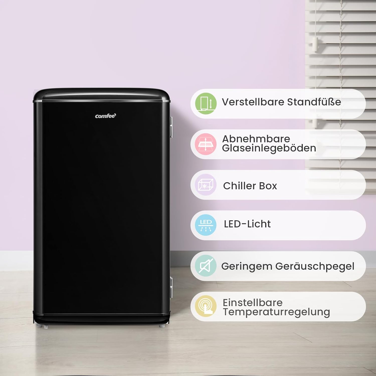 Comfee RCD93BL2EURT(E) Kühlschrank Klein, 93 Liter Retro Kühlschrank, Mini kühlschrank mit verstellbare Thermostat, LED-Licht, Schwarz