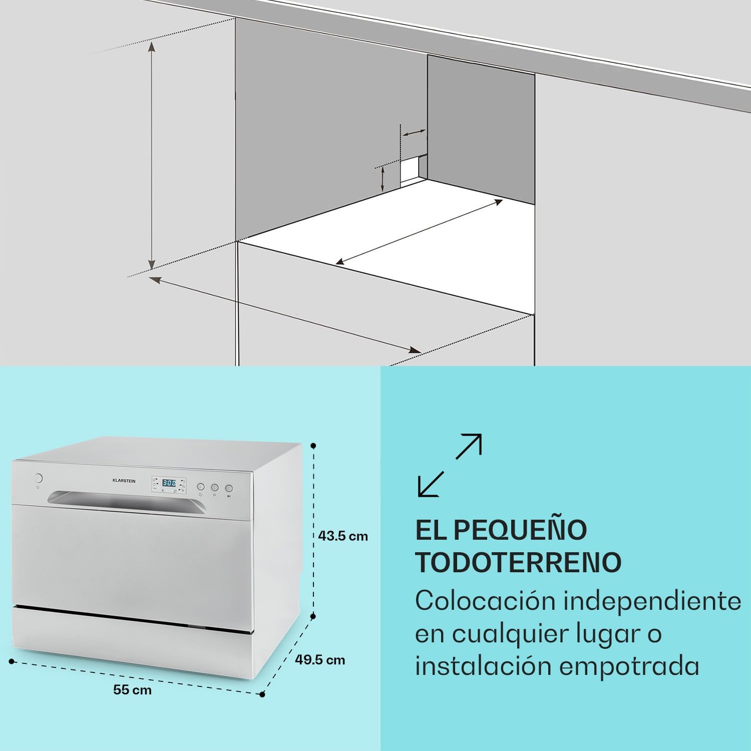 Lavavajillas Klarstein para Encimera Pequeña, Mini Lavavajillas 6 Cubiertos Portátil en Mesa Silenciosa, 6 Programas de Lavado, Lavavajillas Compacto para Uso en Hogar y Oficina