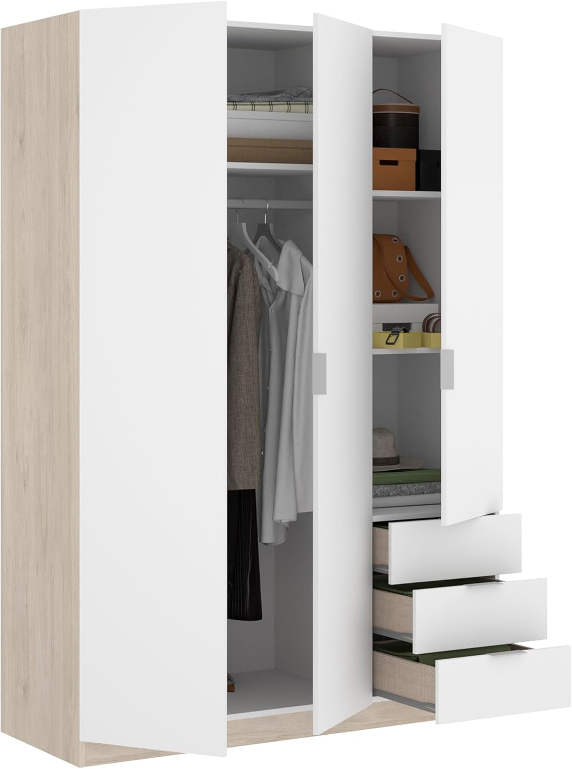 DEKIT GRUPO RIMOBEL Wardrobe with 3 Doors and 3 Drawers, Large Capacity, Natural/White, 121 x 184 x 52 cm
