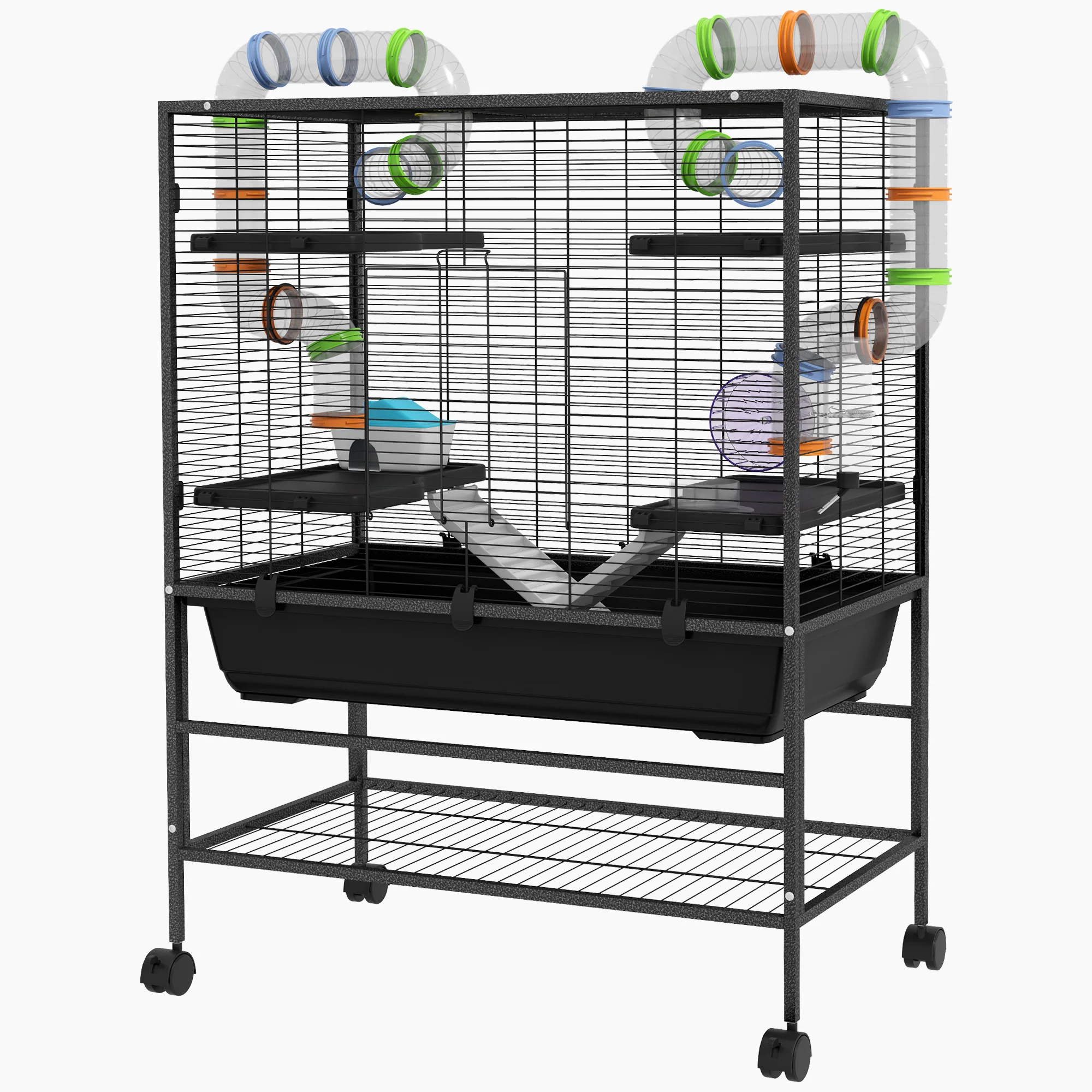 PawHut Hamsterkäfig Nagerkäfig mit Röhren Laufrad Rollen Ablage