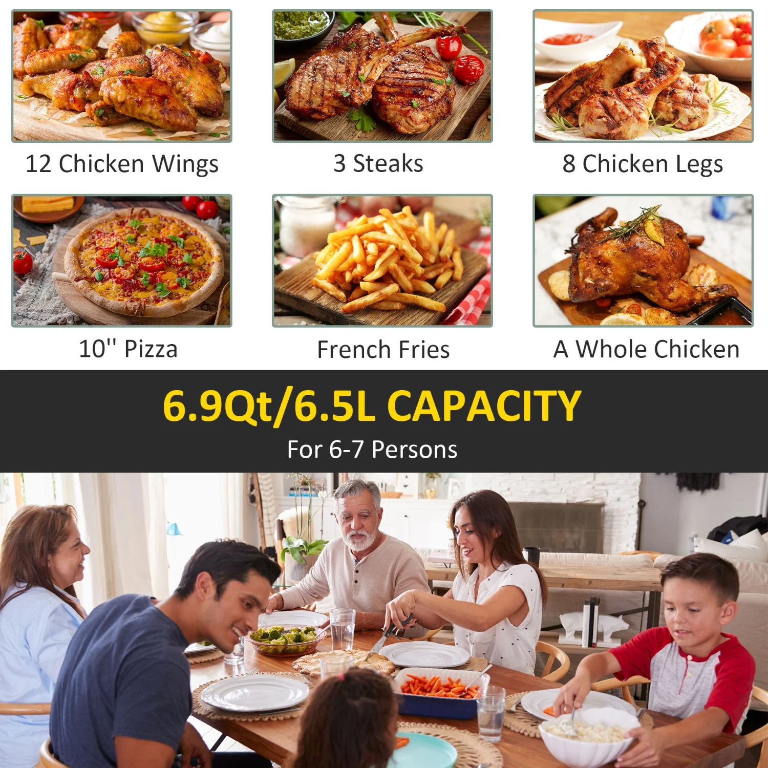 2025 Freidora de aire GVJMTKP de 1700 W y 6,9 L con pantalla digital, circulación de aire de 360°, temperatura ajustable, temporizador y cesta antiadherente para cocinar con poca grasa o sin aceite, color negro