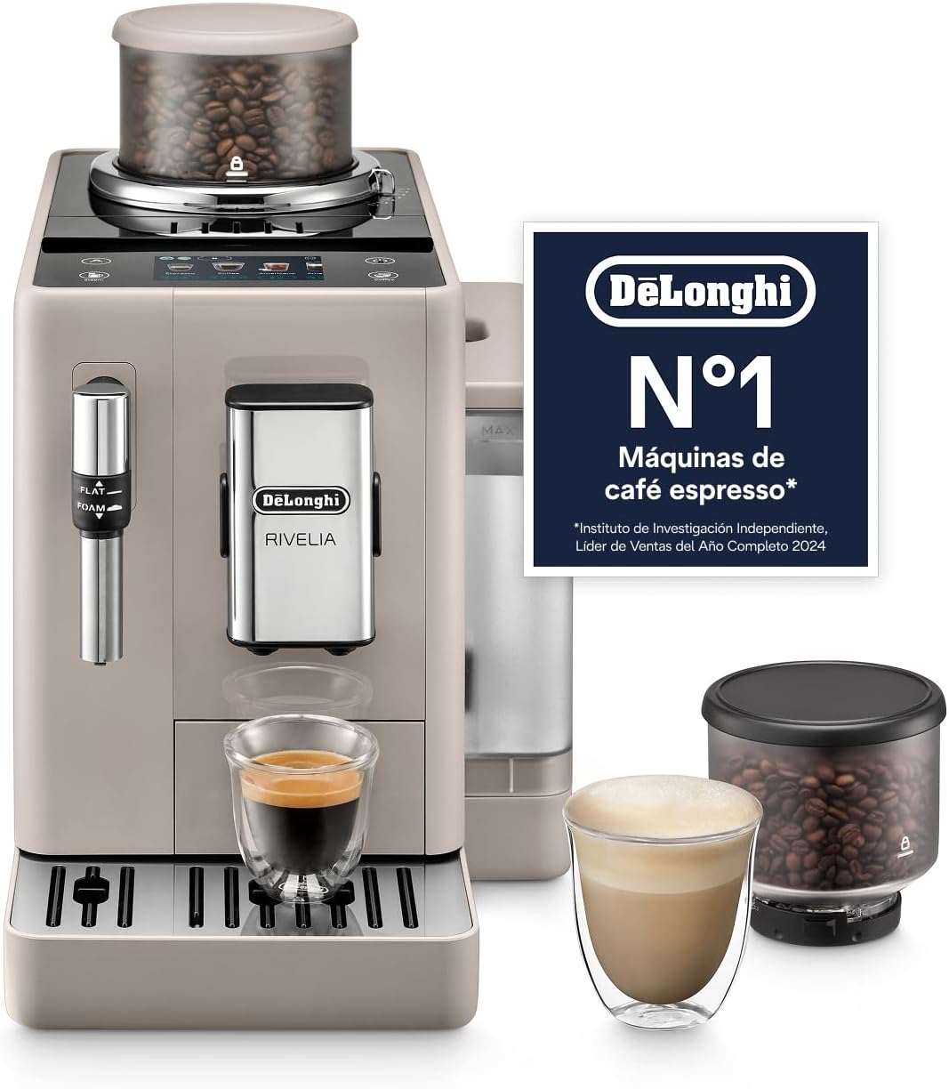 De'Longhi Rivelia Perfetto Superautomatic Coffee Maker, Manual Milk Frother, 8 One-Touch Beverages, Color Touch Screen, Interchangeable Coffee Bean Tanks, Beige (EXAM440.35.BG)