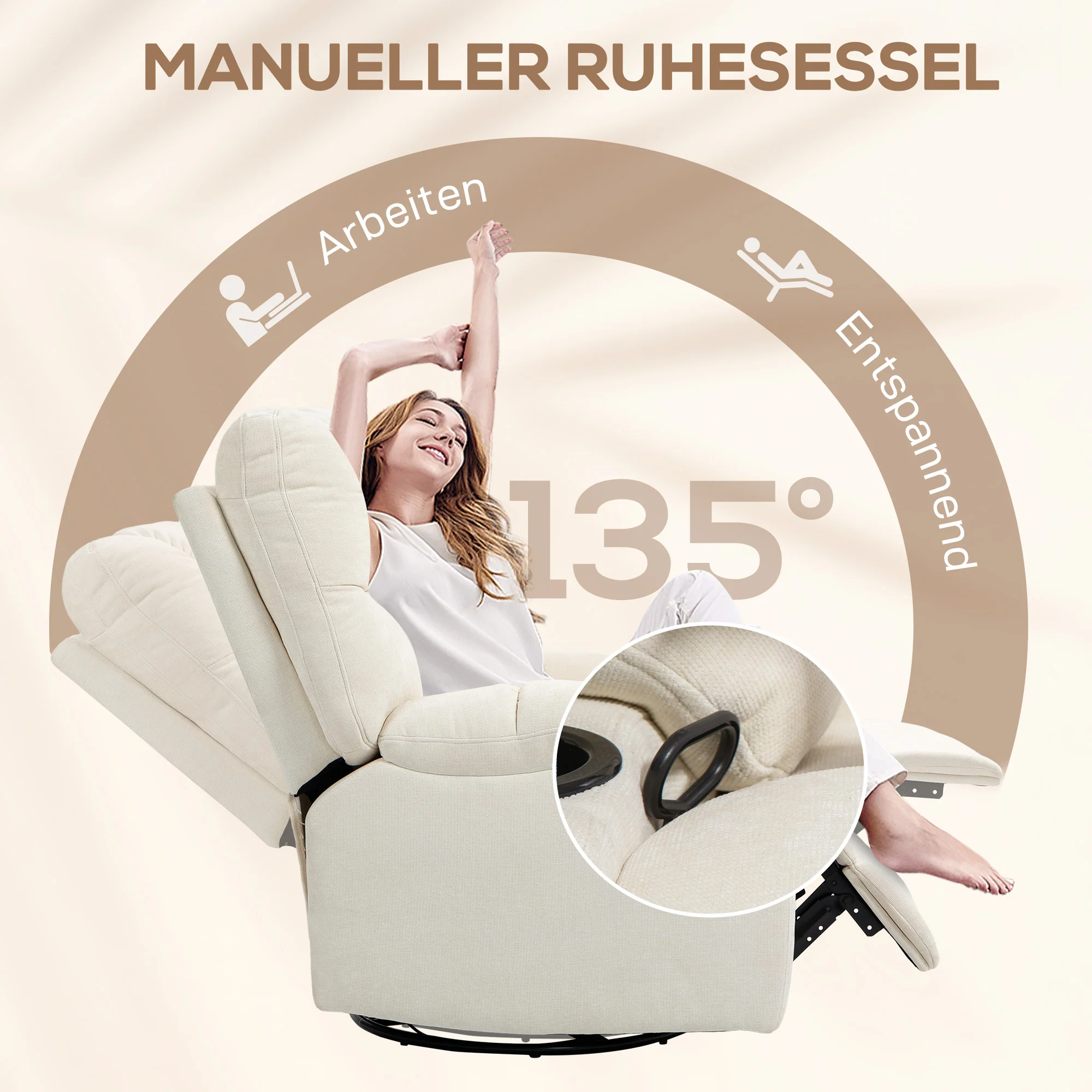 HOMCOM Relaxstoel met Voetensteun, Ligstoel, Draaibaar tot 150 kg, Stalen Frame, 88x96x108cm, Beige
