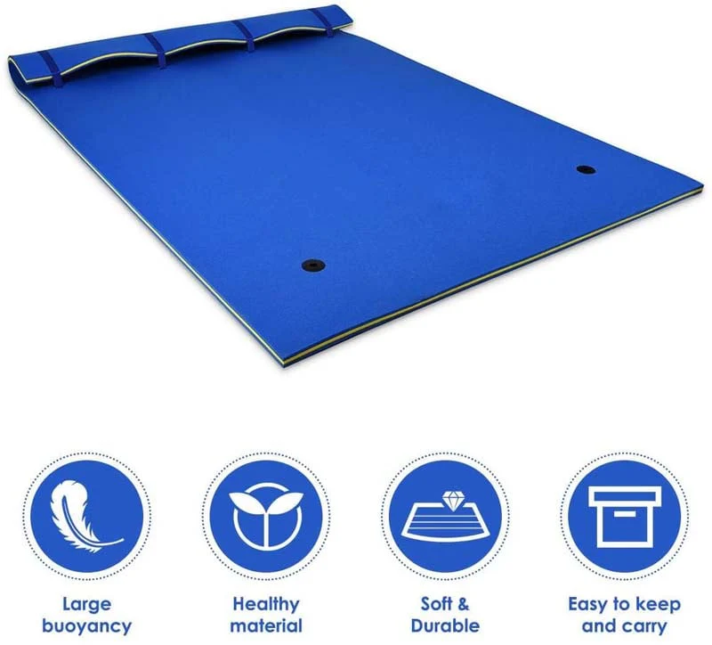 18 x 6 FT Floating Water Pad, 3-Layer XPE Foam Water Mat with Rolling Pillow, Floating Island for River Lake Ocean