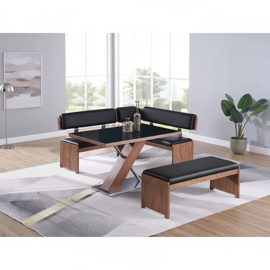 Contemporary Wooden Dining Set with Table, Nook, and Bench