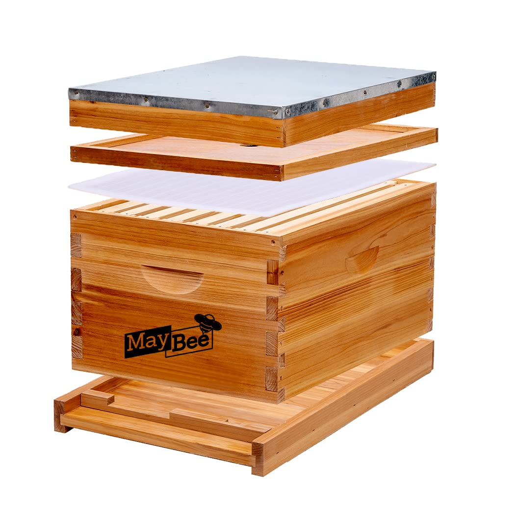 Beehive Starter Kit 8-Frame Bee Boxes and Frames Starter Kit Wax Coated Bee Hives and Supplies Starter Kit Including Beekeeping Tools Kit with Beekeeping Veil