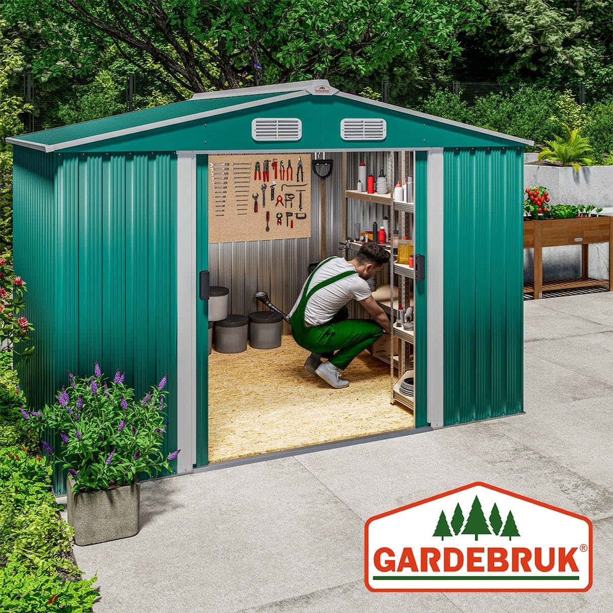 GARDEBRUK® XXL Metall Gerätehaus 5m² mit Fundament 260x205x180cm Schiebetür Grün Geräteschuppen Gartenhaus 9m³